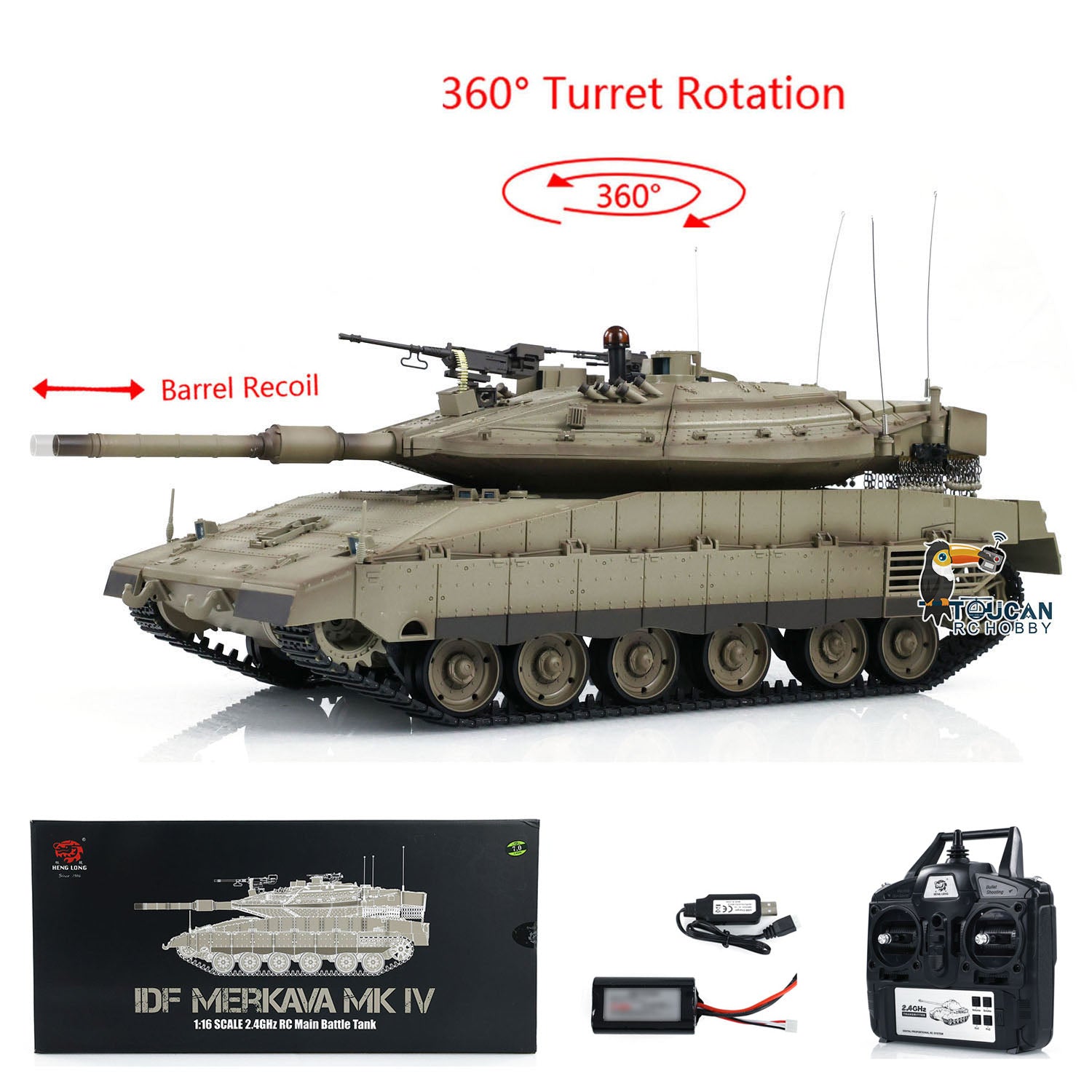 Heng Long 1/16 Scale RC Battle Tank - IDF Merkava MK IV Model 3958 with 360° Rotating Turret & Recoil Barrel | Remote Control Military Tank for Collectors & Hobbyists | Perfect for Battle Simulation & Display