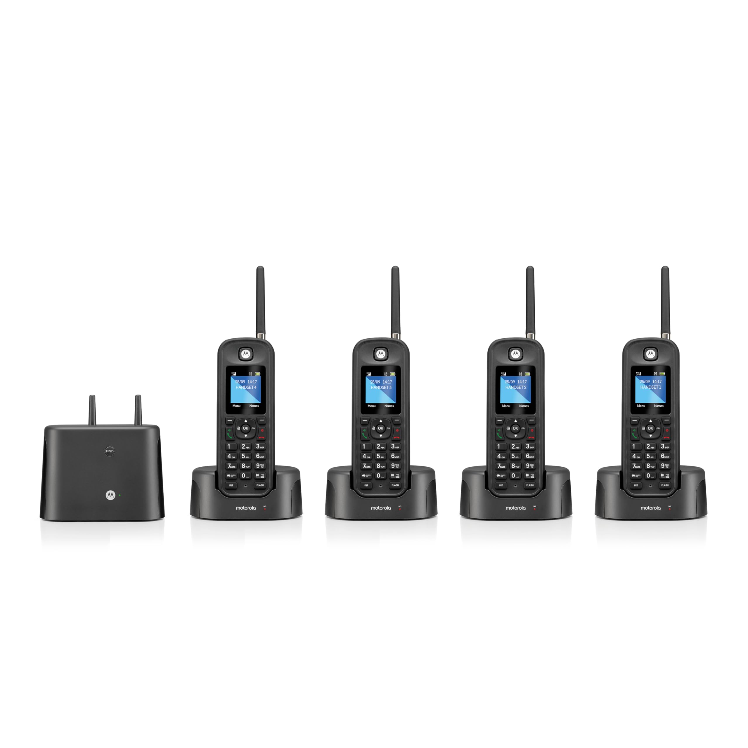 Motorola O214 DECT 6.0 Long Range Cordless Phone with Answering Machine - 4 Handsets, IP67 Water & Dust Resistant for Home & Office Use - Indoor/Outdoor Wireless Phone System for Business, Warehouse, and Large Homes (Black)