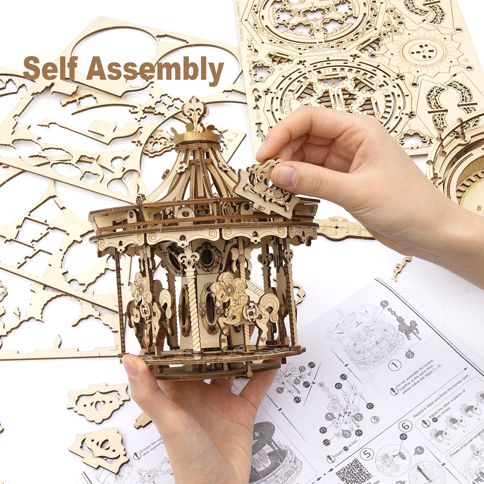 ROKR 3D Wooden Puzzle for Adults - DIY Mechanical Music Box Carousel Model Kit, Creative Building Toy & Unique Gift for Teens & Adults (14+), Perfect for Home Decor, Relaxation & Romantic Gifts - Fun DIY Craft Project for Hobbyists & Music Lovers