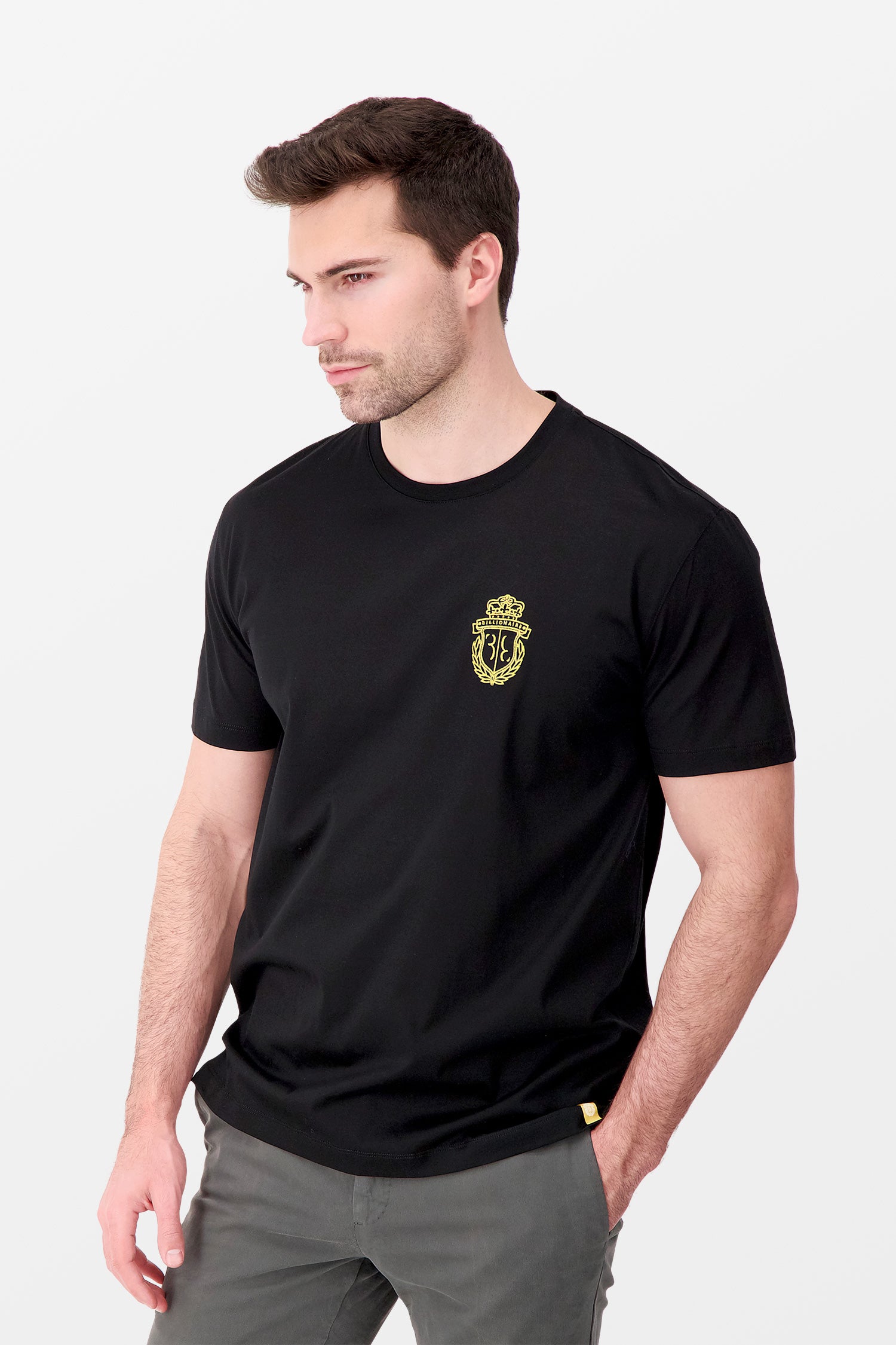 Billionaire Black Short Sleeve Crew Neck T-Shirt with Embroidered Crest Logo | Premium Cotton Tee for Men | Casual Wear, Street Style & Everyday Outfits