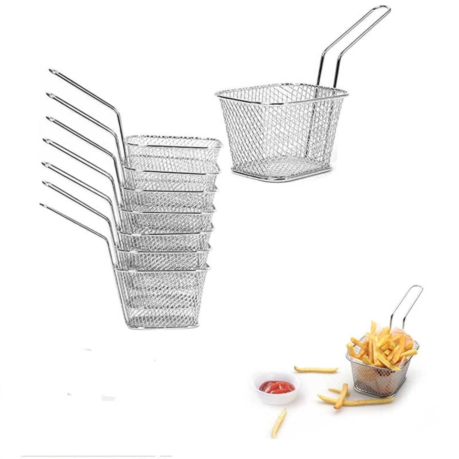 8-Piece Mini Square Fry Basket Set - 4.1x3.3x2.6 Inch Stainless Steel French Fries Baskets for Deep Frying, Serving & Food Presentation - Perfect for Restaurants, Food Trucks & Home Kitchen Use