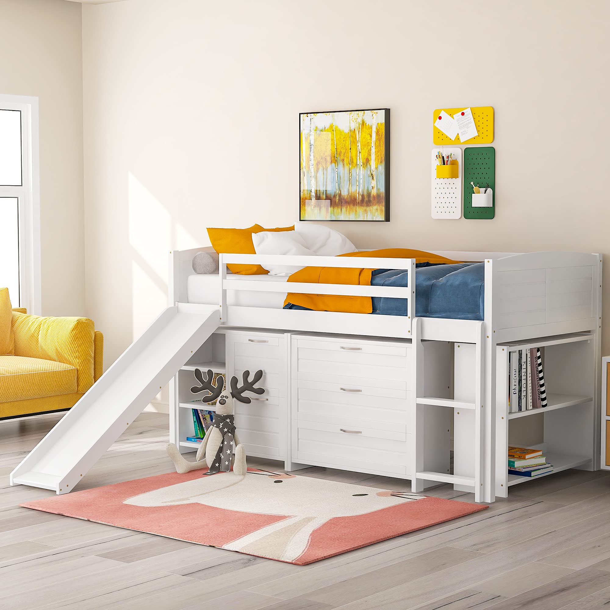 **Kids Twin Size Solid Wood Loft Bed with Slide, Storage Cabinet, Drawers & Shelves - Low Loft Bed Frame for Boys, Girls & Teens - Perfect for Small Bedrooms, Playrooms & Dorm Rooms (White)**