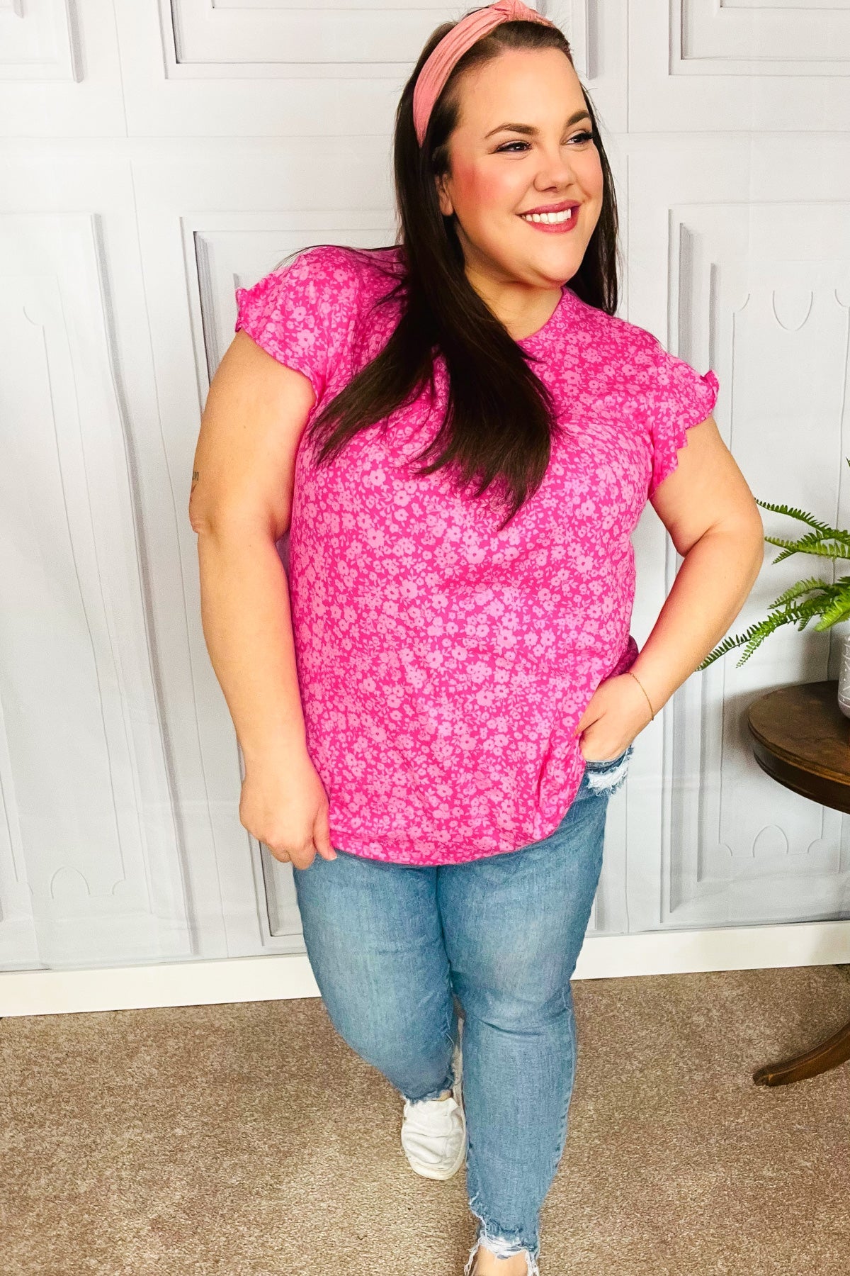 Look Of Love Fuchsia Floral Yoke Ruffle Short Sleeve Blouse - Women's Romantic Floral Print Summer Top for Date Night & Outdoor Parties