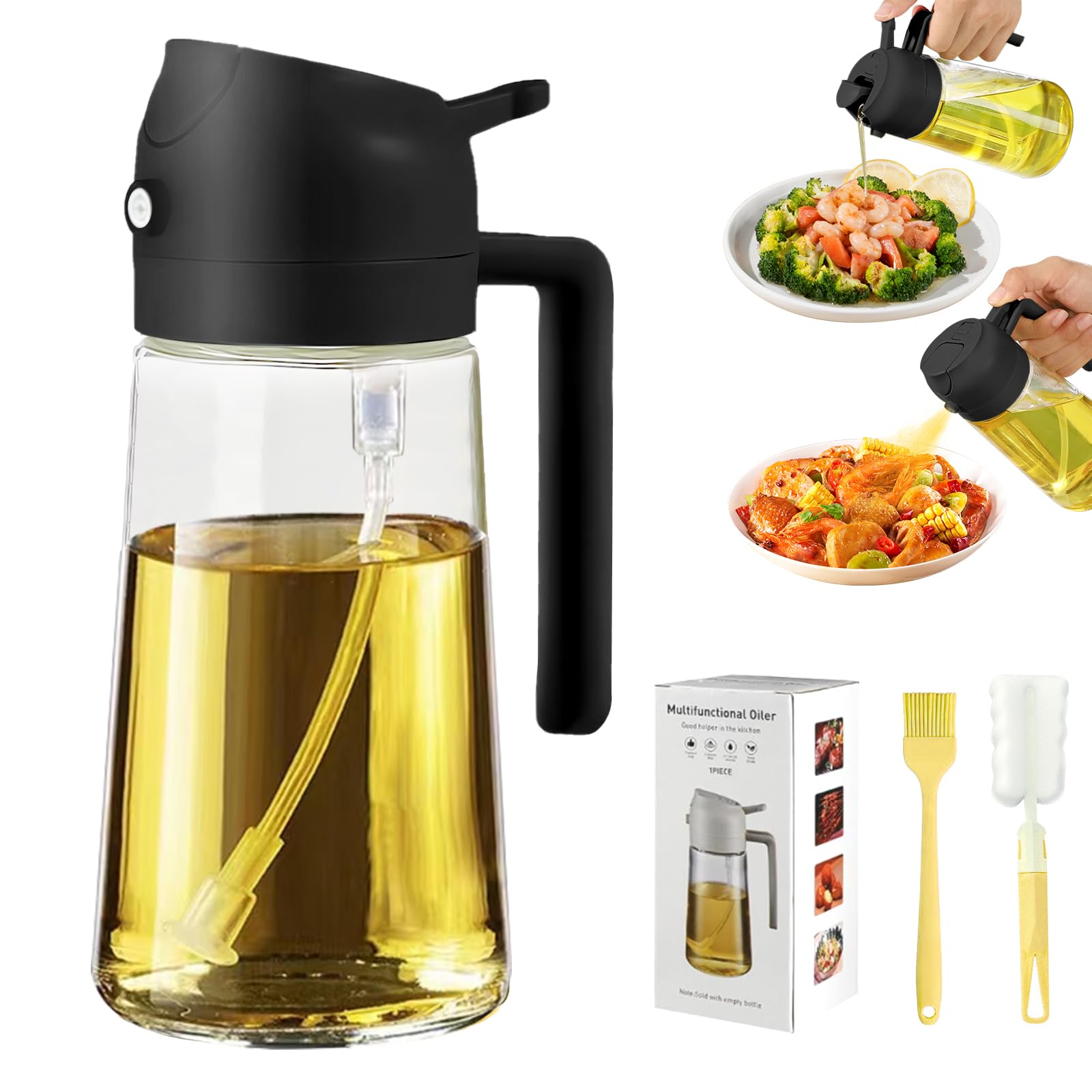 2 in 1 Olive Oil Sprayer & Dispenser Bottle with Brush - 16oz/470ml Kitchen Oil Sprayer for Cooking, Air Fryer, BBQ, Salad Dressing - Perfect for Healthy Cooking & Grilling (Black)