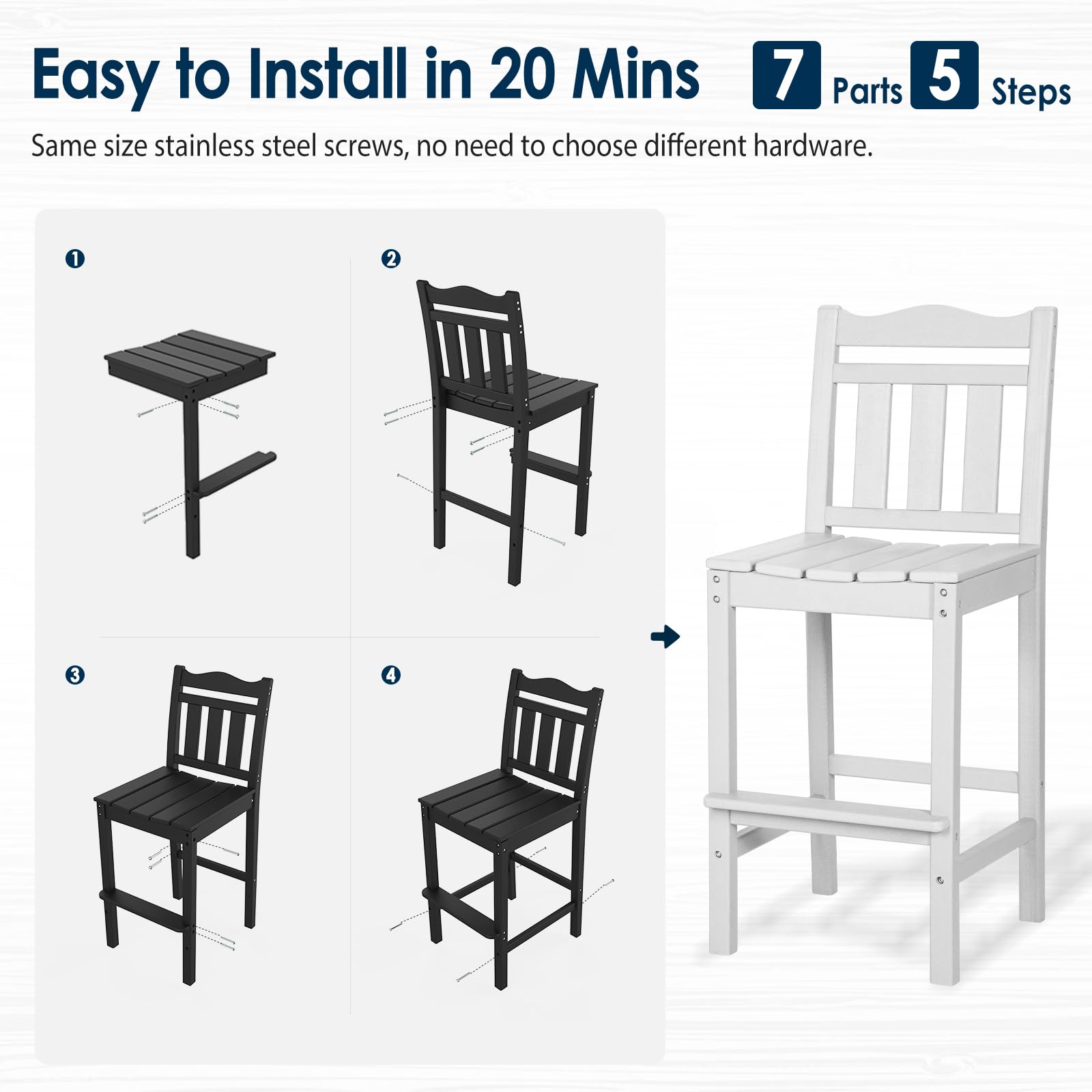 Nalone Outdoor Bar Stools Set of 2 - Weather-Resistant HDPE Adirondack Bar Height Chairs for Patio, Deck, Garden, Backyard & Poolside (White) - Perfect for Outdoor Dining, Entertaining & Relaxation