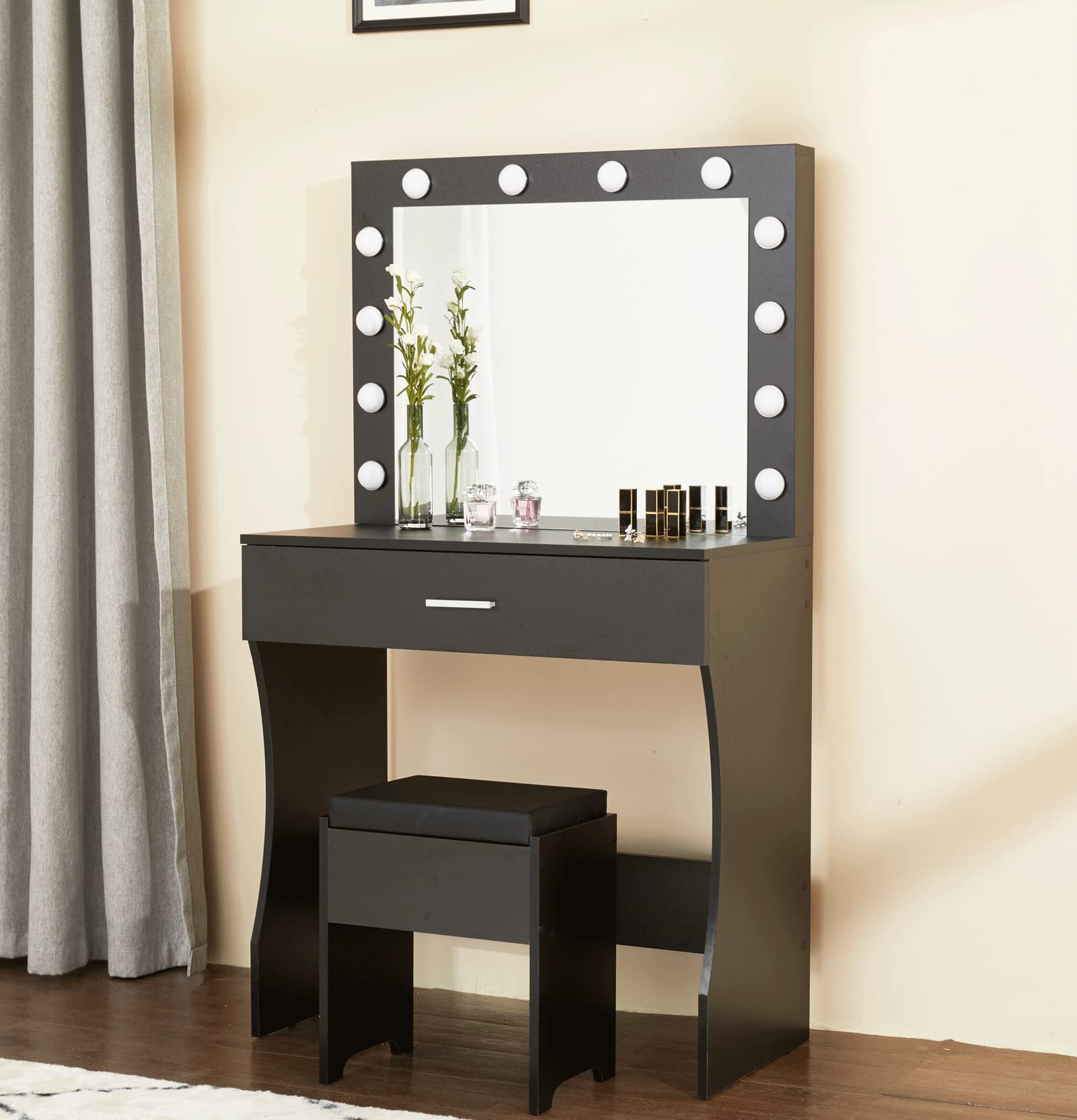 Lighted Vanity Table Set with Mirror - Makeup Dressing Desk for Women & Girls, Large Drawers & Cushioned Stool with Extra Storage - Perfect for Bedroom, Salon & Bridal Makeup Area