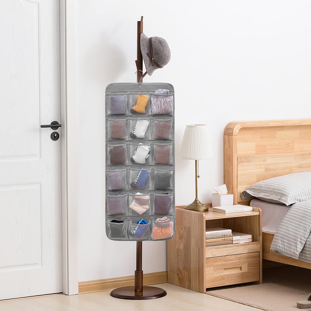 Dual-Sided Hanging Closet Organizer - 26 Pockets for Socks, Underwear, Bras & Baby Clothes | Space-Saving Storage for Kids & Toddler Shoes (Grey-Mesh Pockets) | Perfect for Nursery, Bedroom & Small Closet Organization