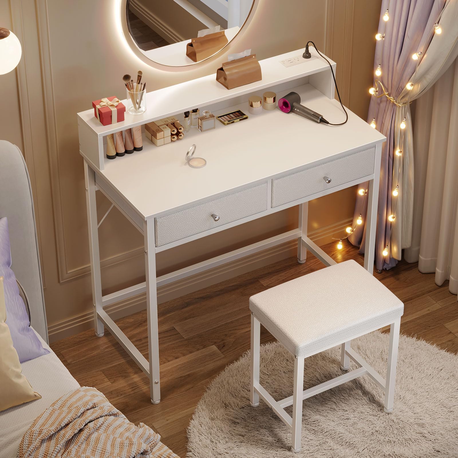 Modern White Vanity Desk Without Mirror - Makeup Vanity with Storage Drawers & USB Charging Station, Compact Bedroom Desk with Home Office Function for Small Spaces | Perfect for Makeup Organization, Remote Work & Space-Saving Bedroom Decor