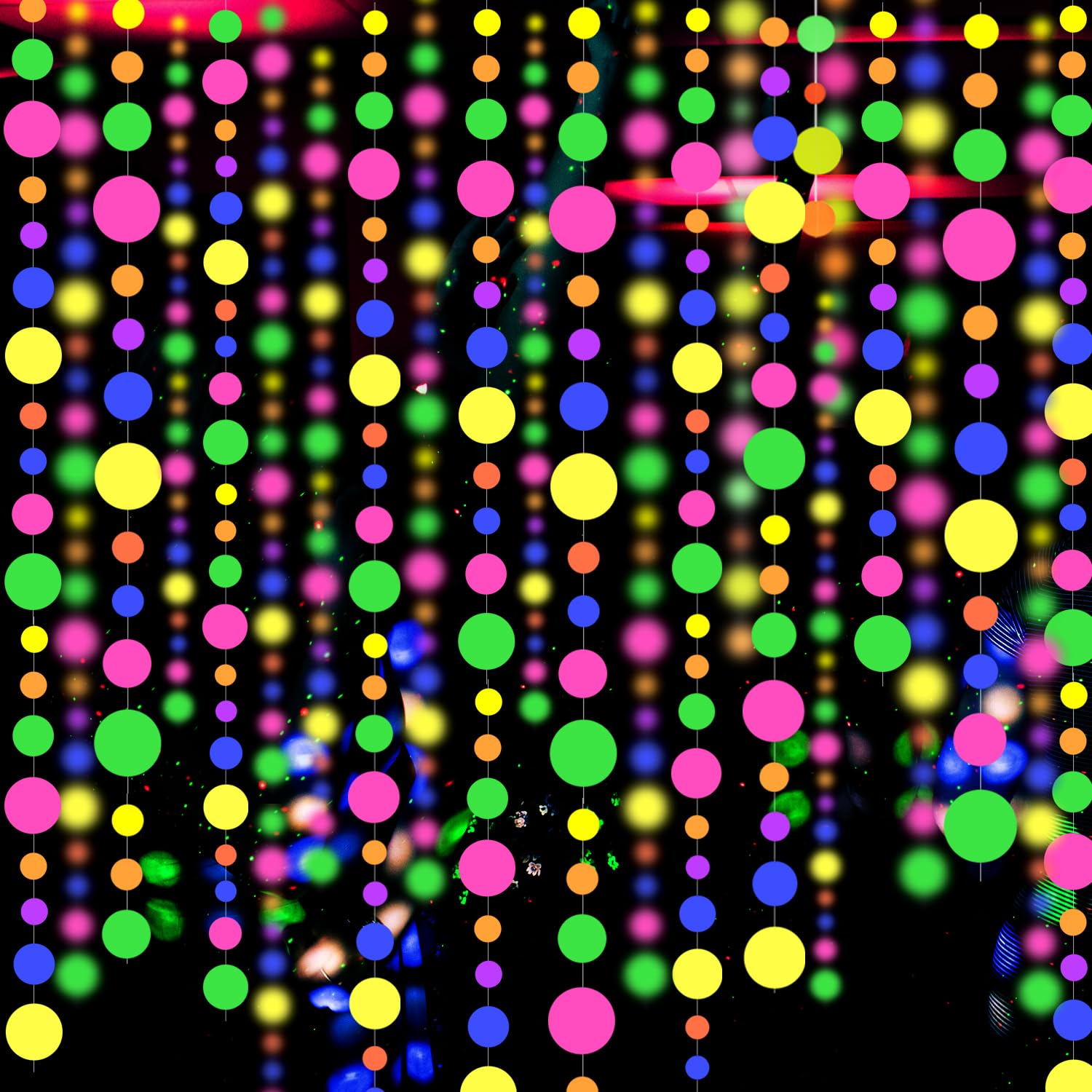 120ft UV Round Dot Paper Neon Garland - Glow in The Dark Party Decorations, Black Light Reactive Streamers for Wedding, Birthday, Rave & Club Events - Perfect for Indoor & Outdoor Glow Parties