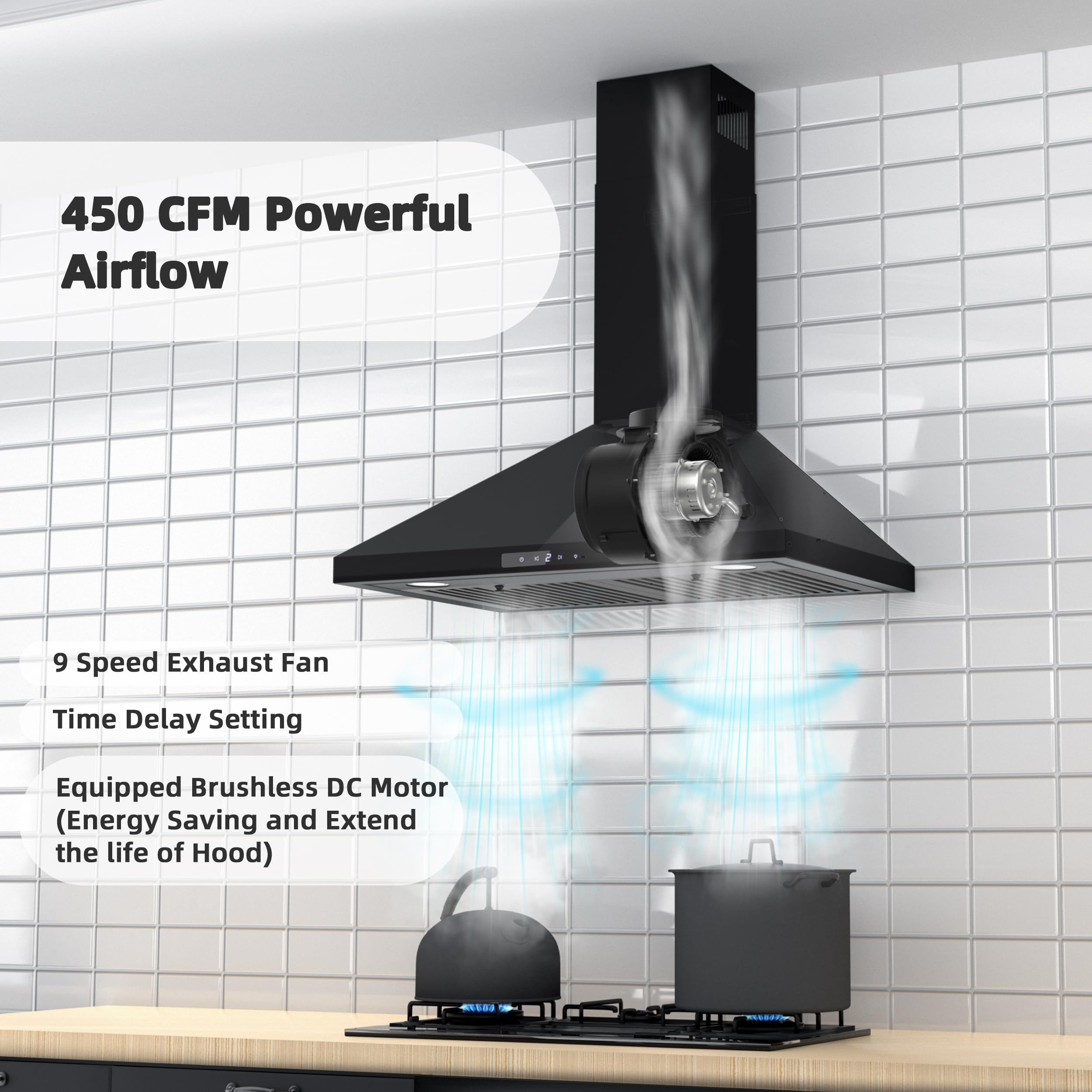FIREGAS 30-inch Black Convertible Wall Mount Range Hood - 450 CFM Kitchen Vent Hood with Brushless Motor, 9-Speed Fan, LED Lights & Permanent Filters - Ideal for Home Kitchens, Restaurants & Cooking Spaces