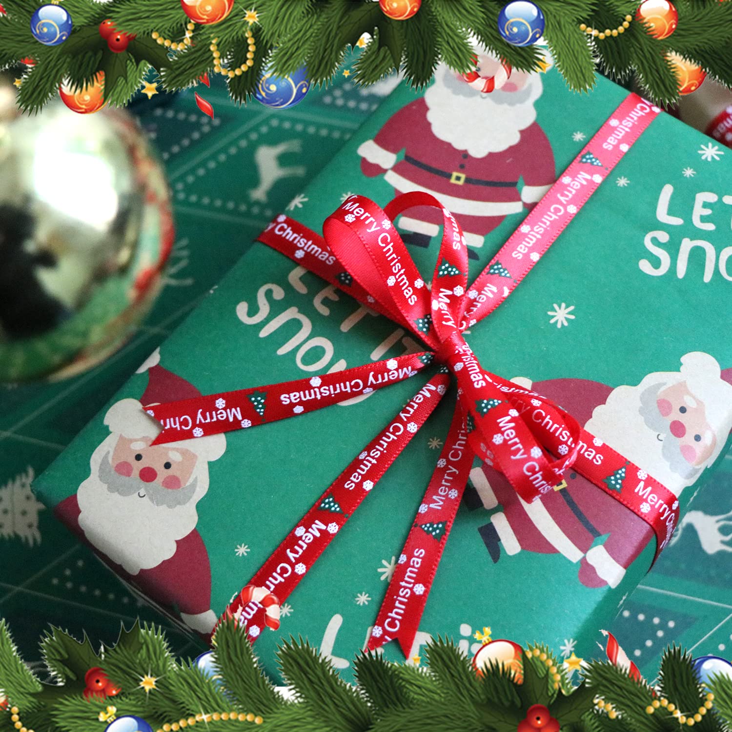 LOOGI Christmas Ribbon - 2 Pack 25 Yards Satin Ribbon for Gift Wrapping (0.4in Wide, Style 6-25) - Perfect for Holiday Presents, Xmas Tree Decorations & DIY Craft Projects