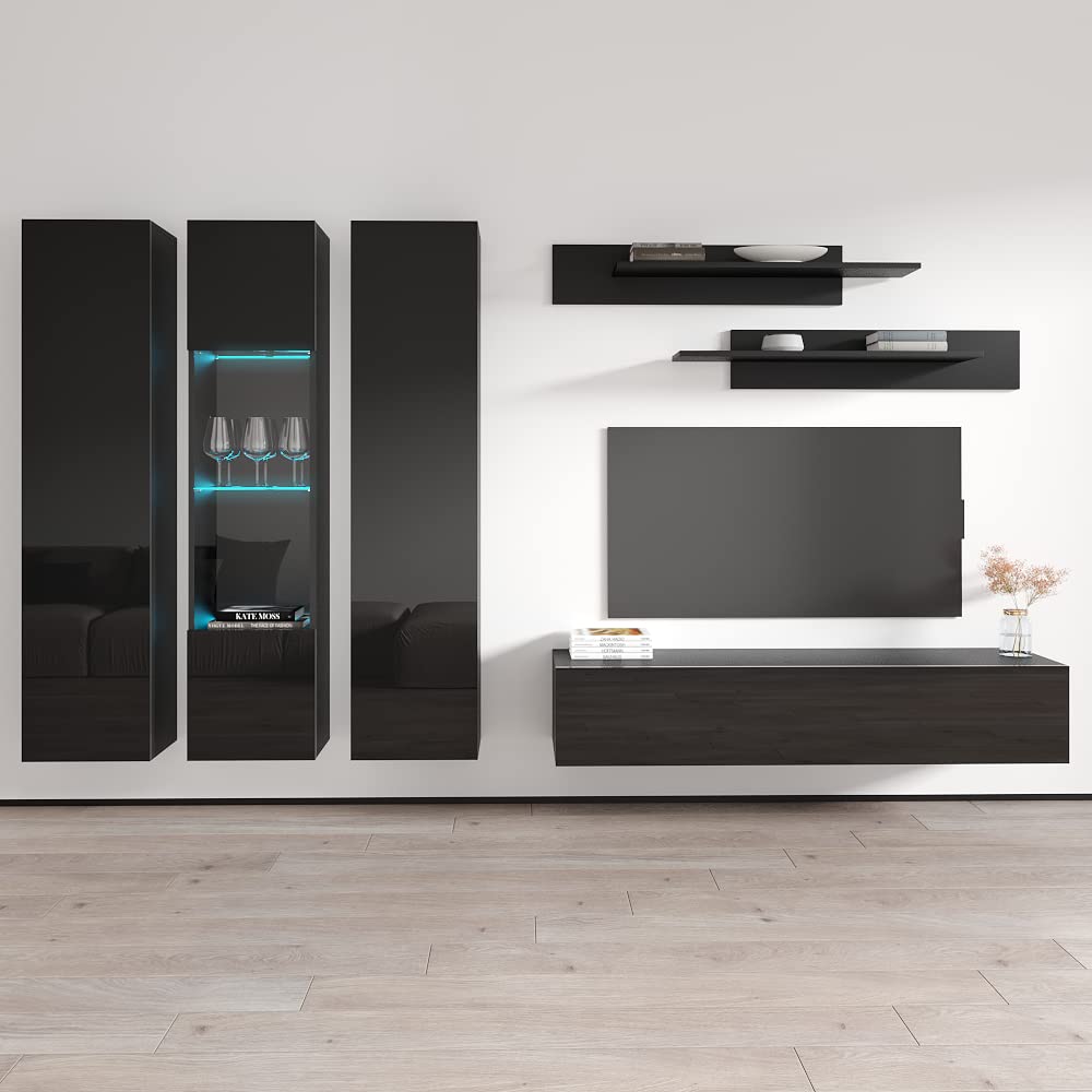 Modern Floating TV Stand with Storage & LED Lights - Wall-Mounted Entertainment Center for Bedroom & Living Room - 30 Inch TV Console with Shelves - Black - Perfect for Small Spaces & Home Theater Setup