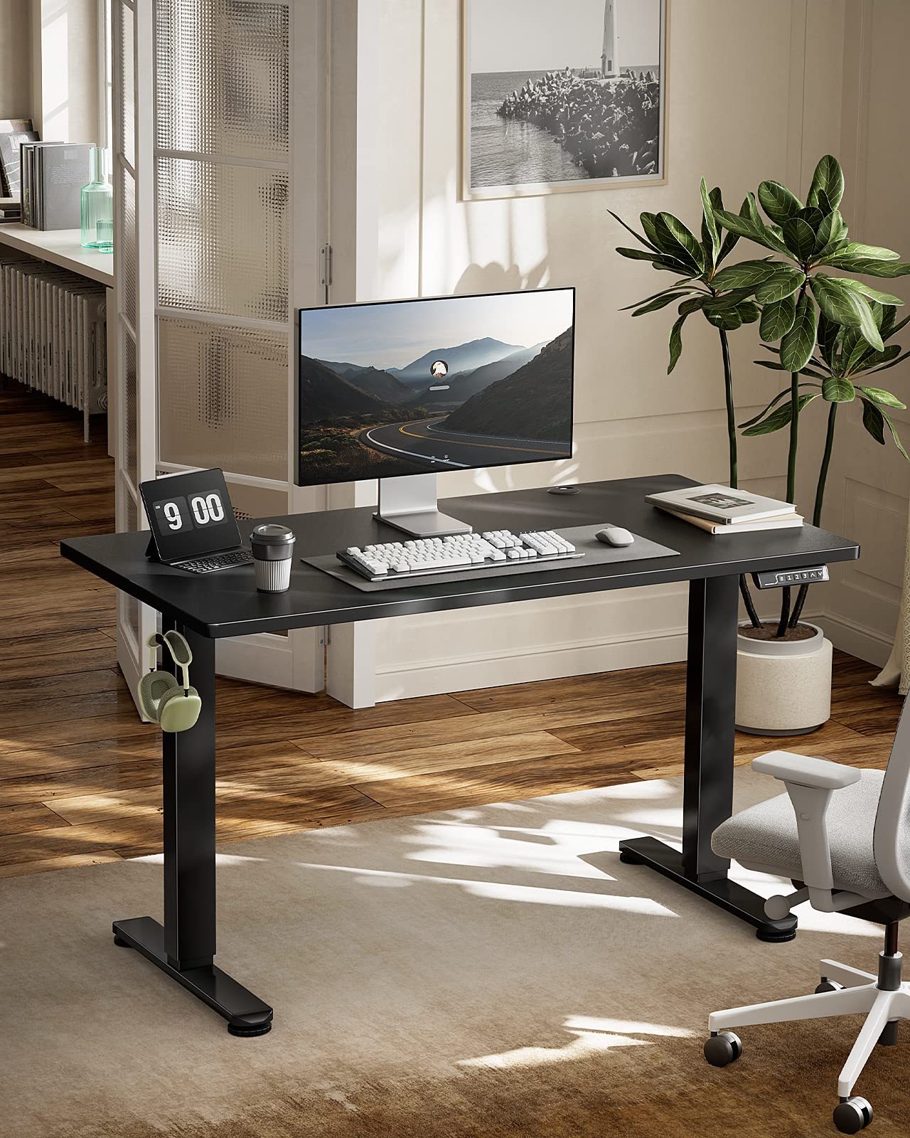 Marsail Adjustable Height Standing Desk - 63x24 Inches Sit Stand Home Office Desk with 4 Memory Presets, Headphone Hook & Cable Organizer - Ergonomic Computer Desk for Work, Gaming & Study (Black)