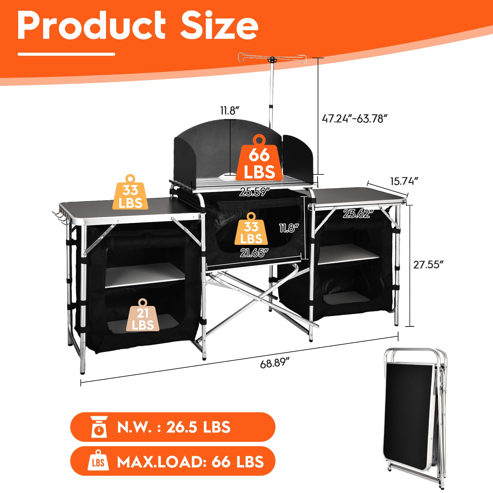 Portable Folding Camping Table with Storage Bag - 3-in-1 Outdoor Kitchen Station with Windshield & Storage Cupboards - Perfect for Camping, BBQ, Picnic, Backpacking & Outdoor Cooking Adventures