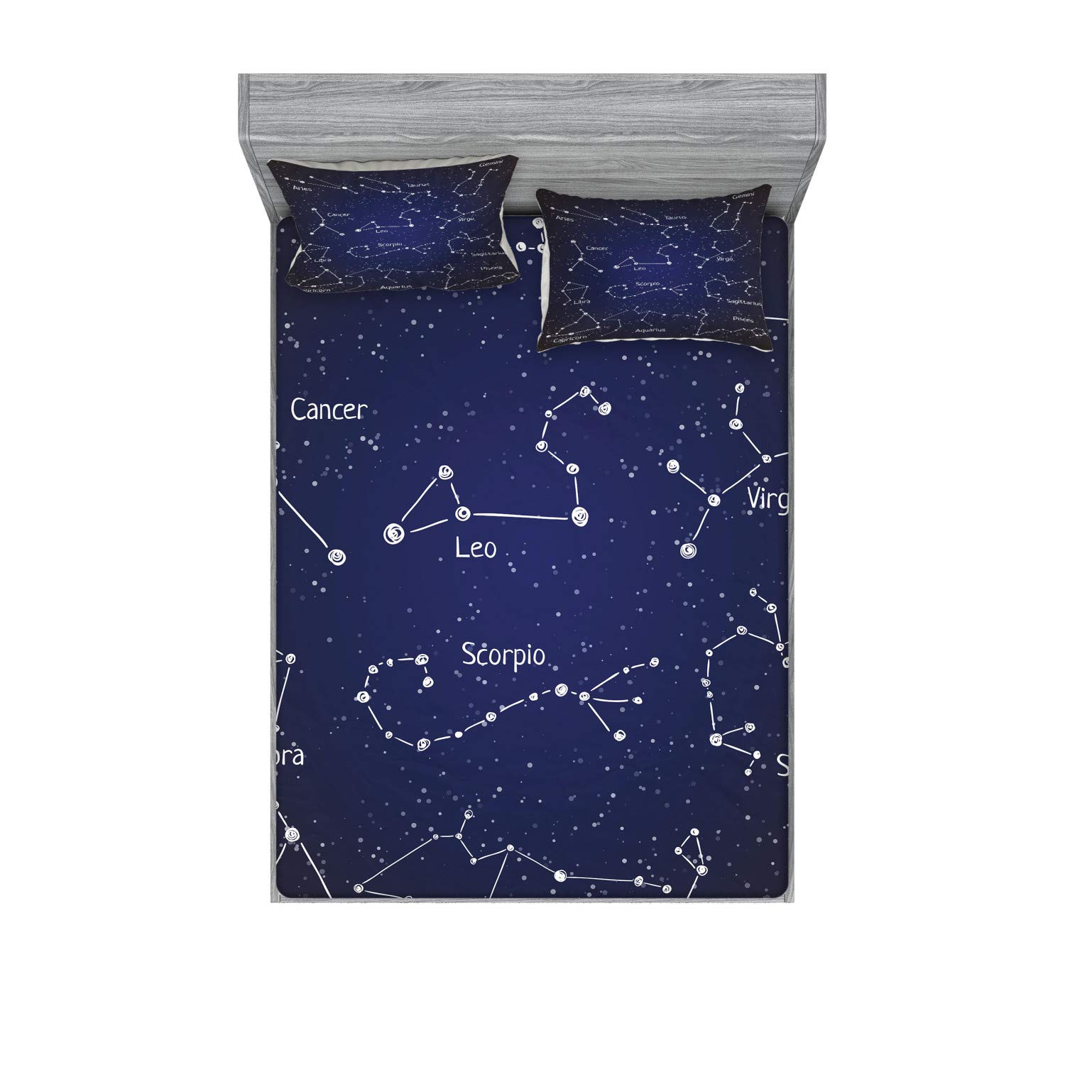 Ambesonne 3-Piece Constellation Fitted Sheet & Pillow Sham Set - Zodiac Star Clusters & Sign Names in Doodle Chalk Style - Queen Size Dark Blue & White Printed Bedding - Perfect for Astronomy Lovers' Bedroom Decor