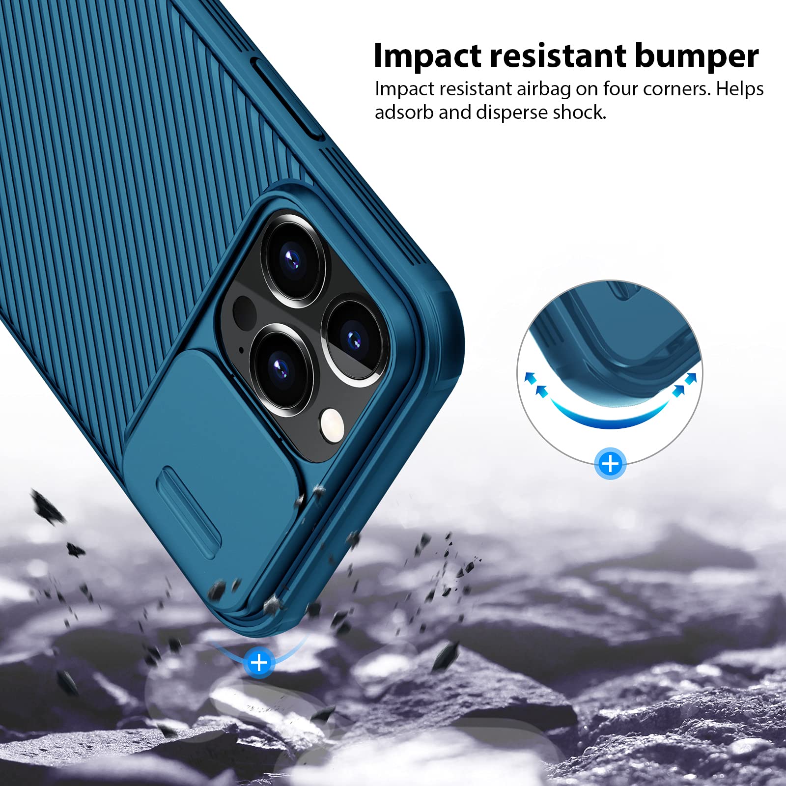 Nillkin Slim Fit Ultra Thin Shockproof Case for iPhone 13 Pro Max with Slide Camera Cover - Blue | Protective Phone Cover for Everyday Use, Travel & Outdoor Activities