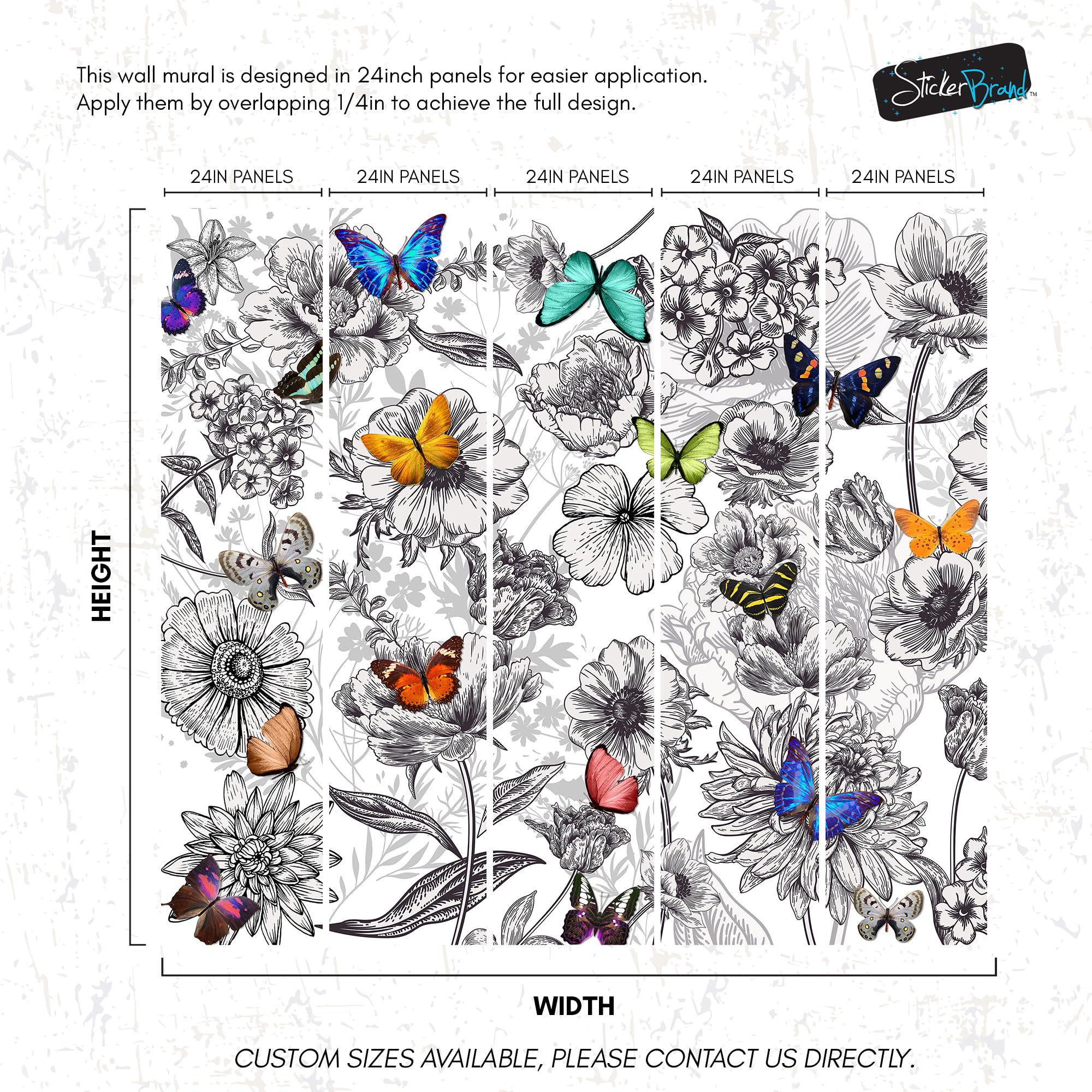 Butterflies in Flower Garden Wall Mural - Retro Black and White Floral Peel and Stick Wallpaper - 9ft x 8ft Removable Decal for Living Room, Bedroom, Nursery or Office Decor