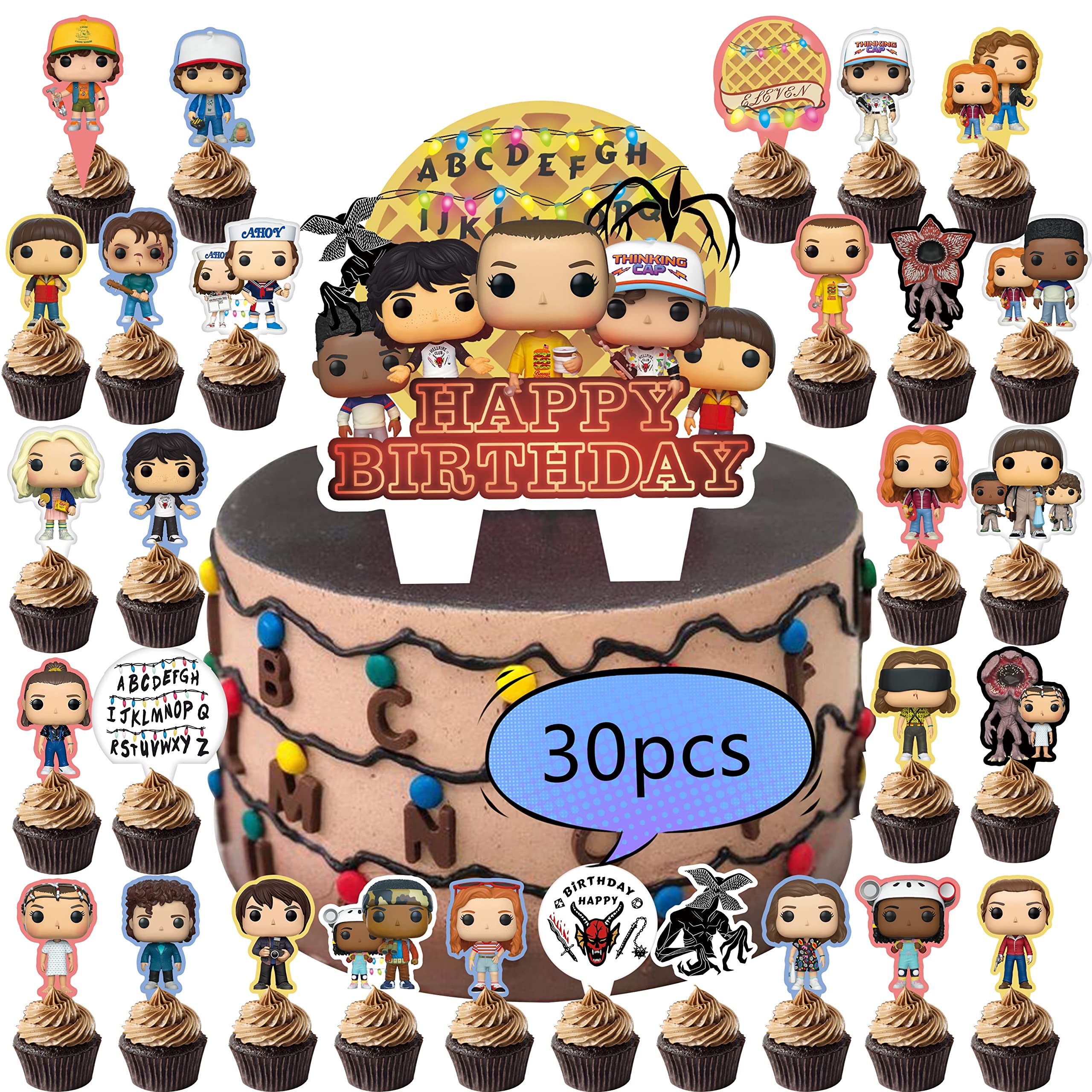 Vaszu 30pcs Stranger Things Cake Toppers - Birthday Party Decorations for Cupcakes, Stranger Things Themed Party Supplies - Perfect for Halloween, Themed Birthday Parties & Netflix Show Celebrations
