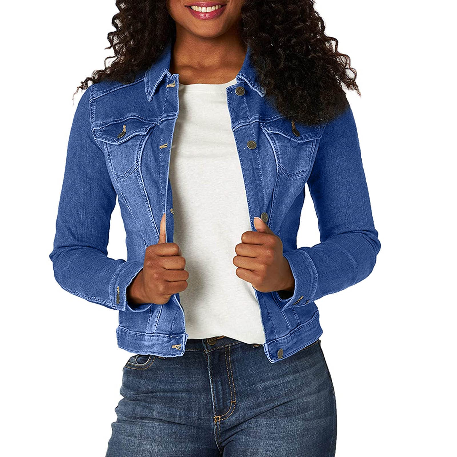Women's Chambray Utility Jacket - Button Down Denim Jean Jacket with Long Sleeves & Patchwork Design | Casual Outerwear for Spring/Fall | Perfect for Work, Weekend Outings & Travel