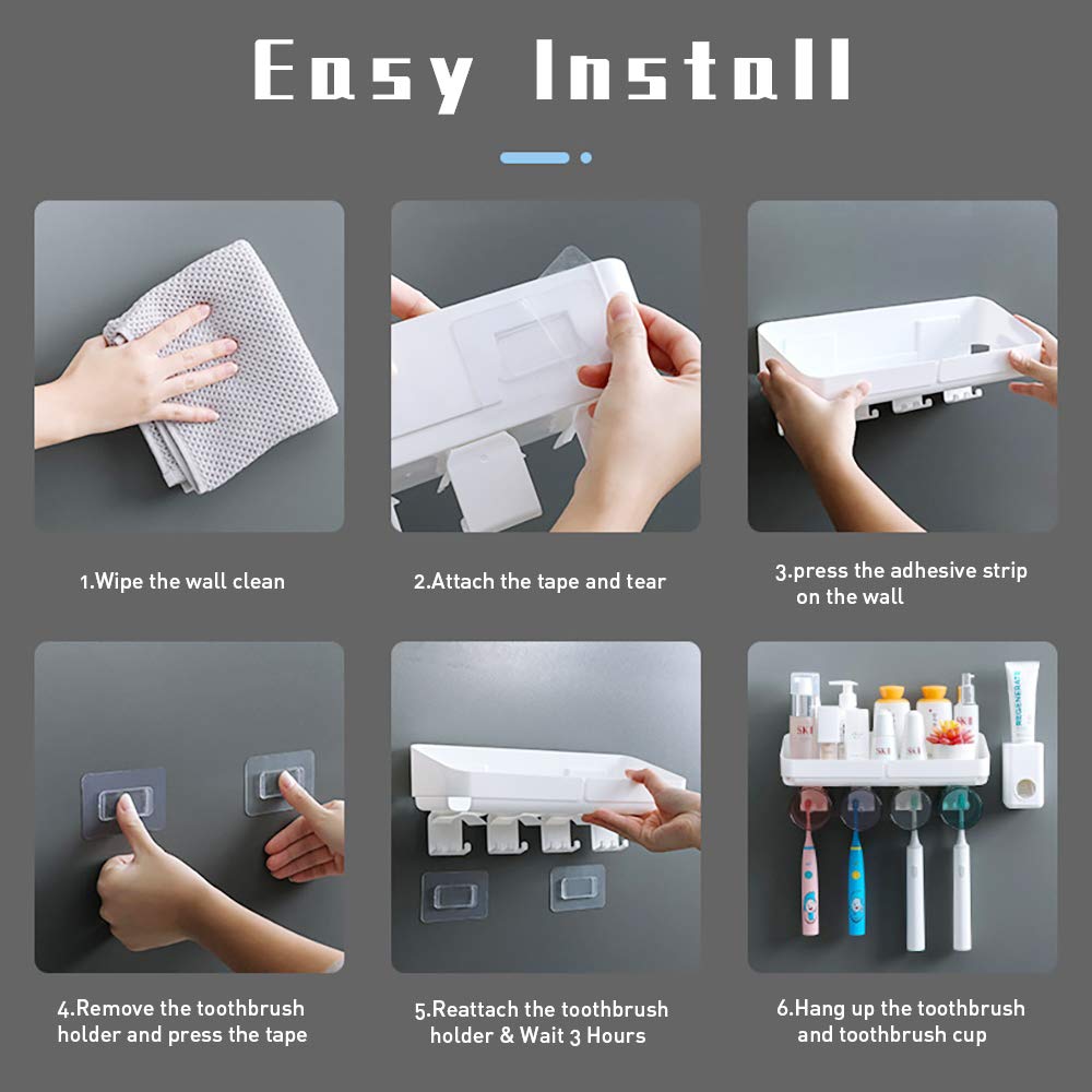 Wall Mounted Toothbrush Holder & Toothpaste Dispenser - Large Capacity Bathroom Organizer for Electric & Manual Toothbrushes (2 Cups Included) - Perfect for Small Bathrooms, RVs & Dorm Rooms