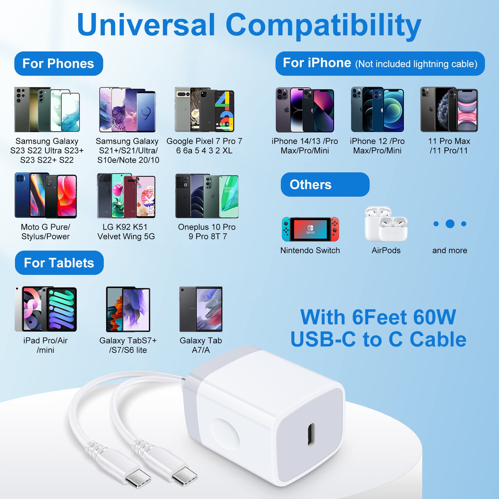 20W USB C Fast Charger for Samsung Galaxy S25 Ultra/S25 Plus/A16 5G/A14 5G/A15/A25/A13/A54/A24/S24 FE/S23/A03s/A53/A23/S22/S21/S20 - 6ft Type C to C Charging Cable & Wall Adapter - Perfect for Home, Office & Travel Charging