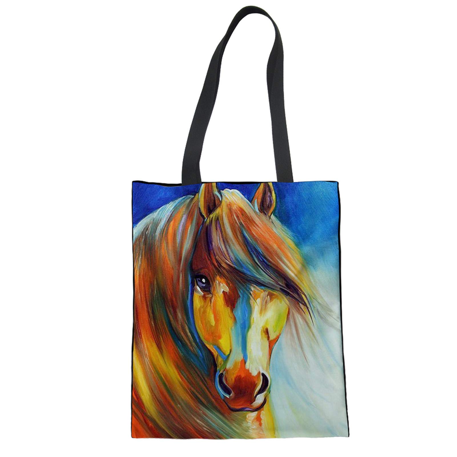 WELLFLYHOM Large Reusable Canvas Shopping Tote Bag - Trendy Oil Painting Horse Design, Washable Cotton Shoulder Bag with Pocket for Women & Men - Perfect for Grocery Shopping, Beach Trips & Daily Use