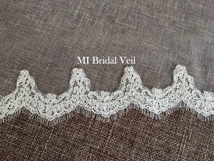 Elegant Lace Wedding Veil with Small Eyelash Trim - Fingertip Length Single Tier Bridal Veil for Romantic Ceremonies & Photo Shoots | Mi Bridal Collection