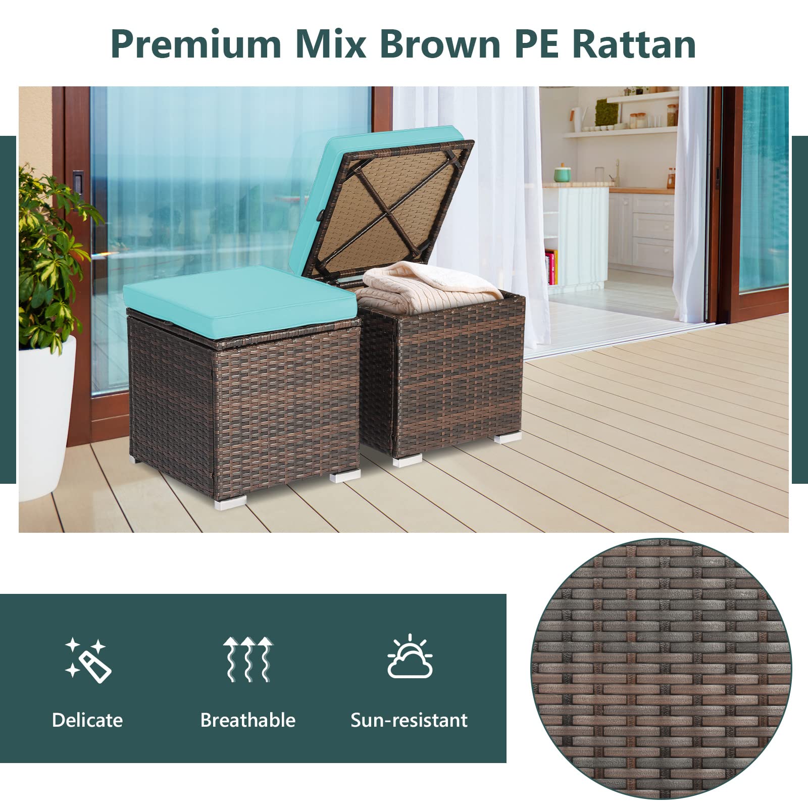 Tangkula 2-Piece PE Rattan Patio Ottoman Set with Removable Cushion & Hidden Storage - Multifunctional Side Table/Seat for Outdoor Living, Backyard, Poolside & Garden (Turquoise) - Perfect for Relaxation, Entertaining & Stylish Storage Solutions