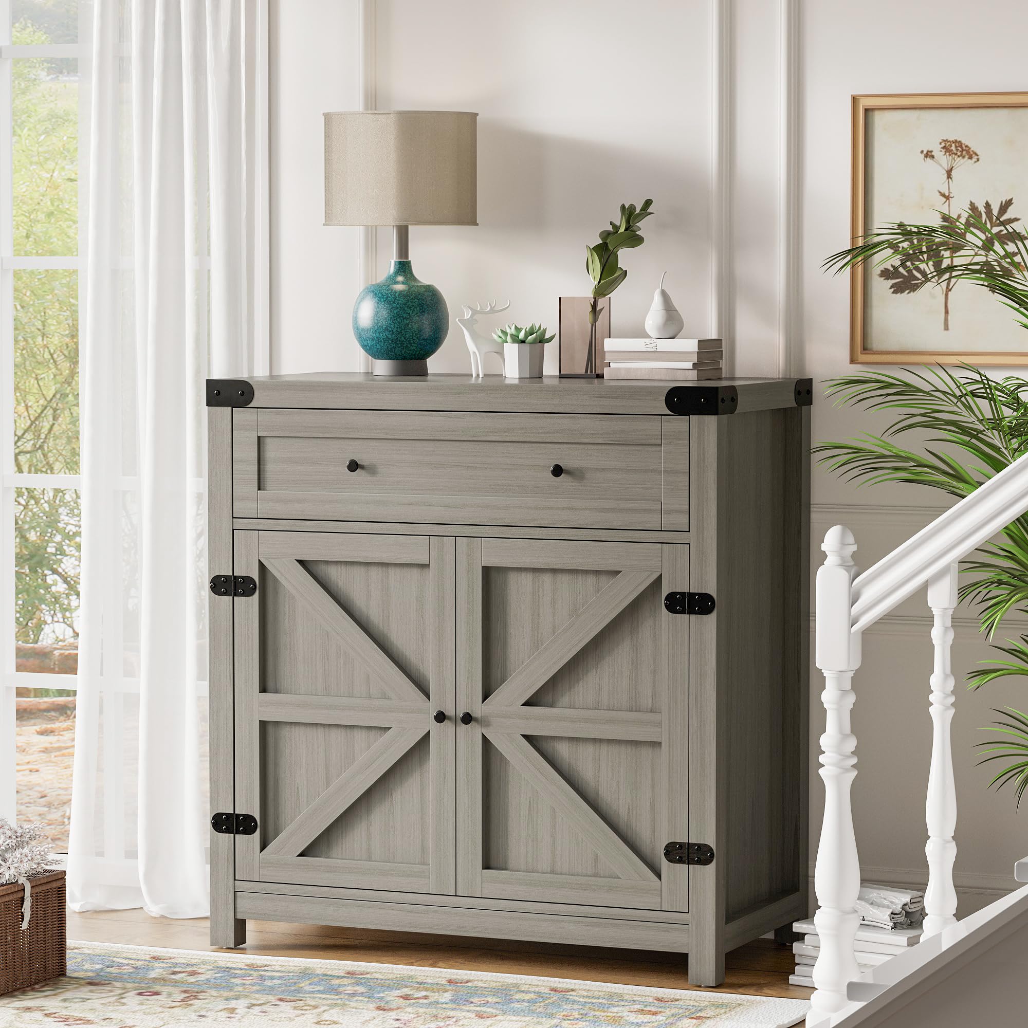Farmhouse Style Sideboard Buffet Cabinet with Storage - Coffee Bar Cabinet with Drawer & Barn Doors, Kitchen Dining Room Entryway Storage Organizer - Perfect for Farmhouse Decor, Small Space Living & Entertaining (Grey)
