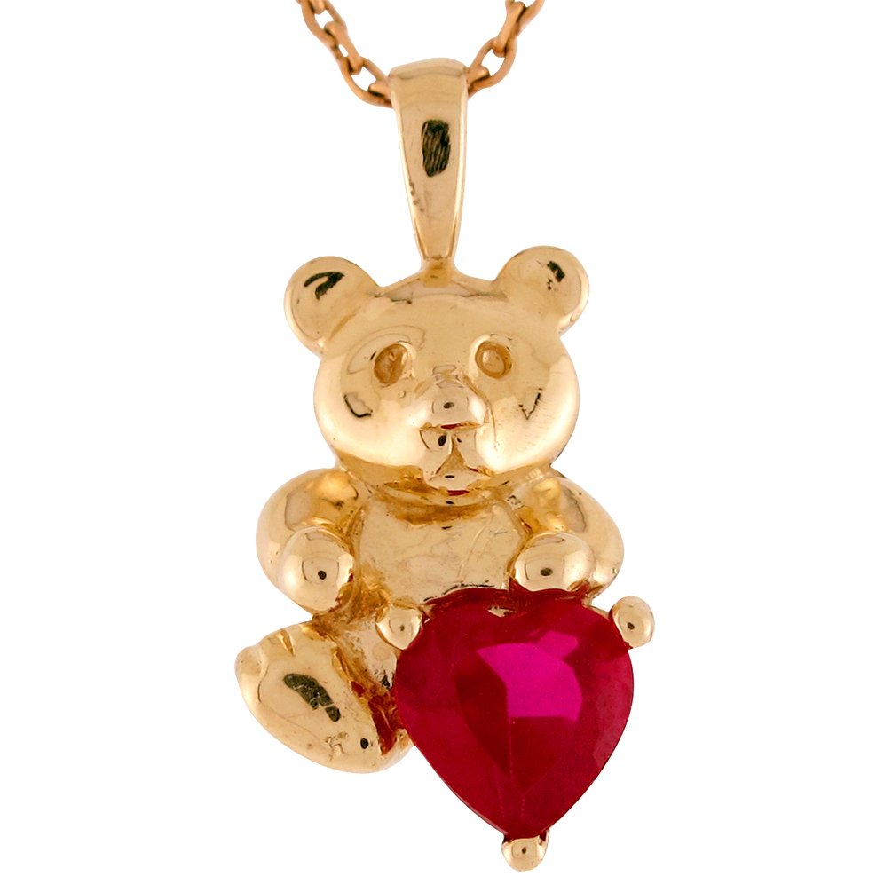 10k Gold Heart Cut Simulated Ruby July Birthstone Bear Floating Charm Jewelry - Perfect for Birthdays, Gifts & Fashion Accessories