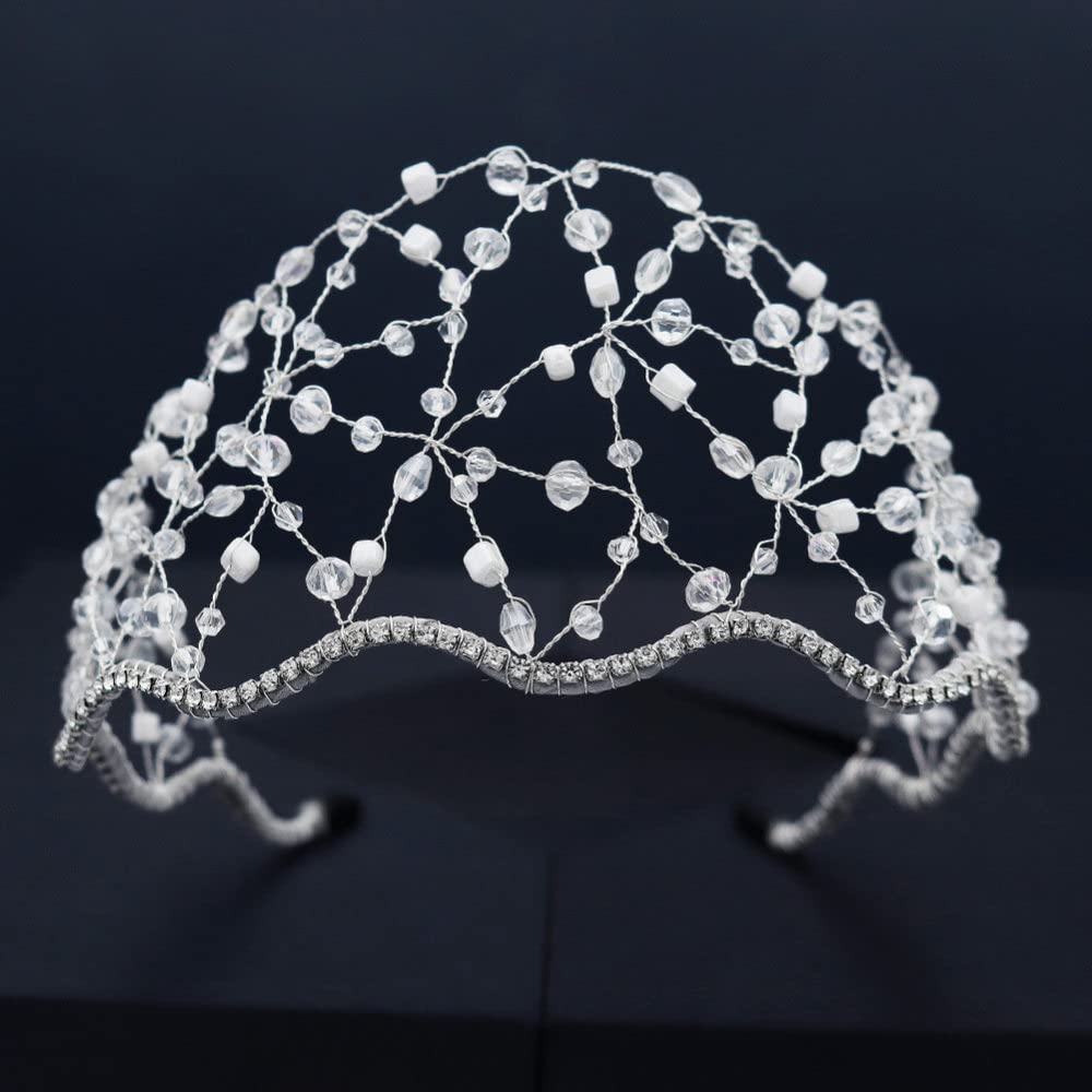 Vintage Crystal White Hand-Woven YURT Crown for Women - Elegant Princess Tiara Headband with Delicate Netting for Brides, Weddings, Pageants, Birthday Parties & Prom | Perfect Hair Accessory for Special Occasions & Photo Shoots