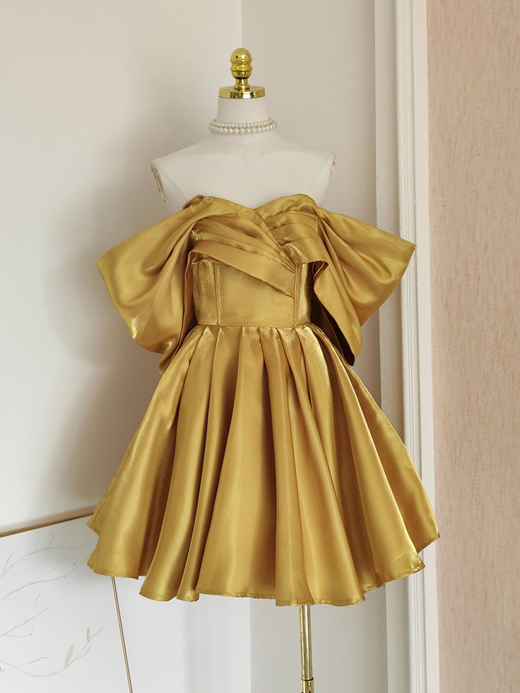 Elegant Off-the-Shoulder Yellow Satin A-Line Dress J5359 - Perfect for Weddings, Parties & Special Occasions