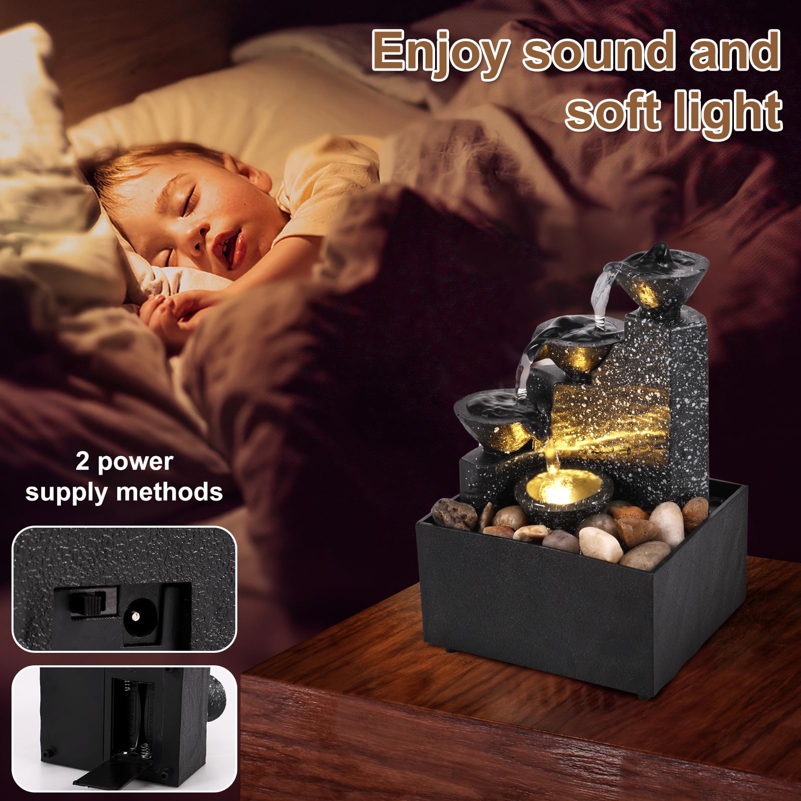 Relaxing Tabletop Waterfall Fountain with LED Lights for Home & Office Decor