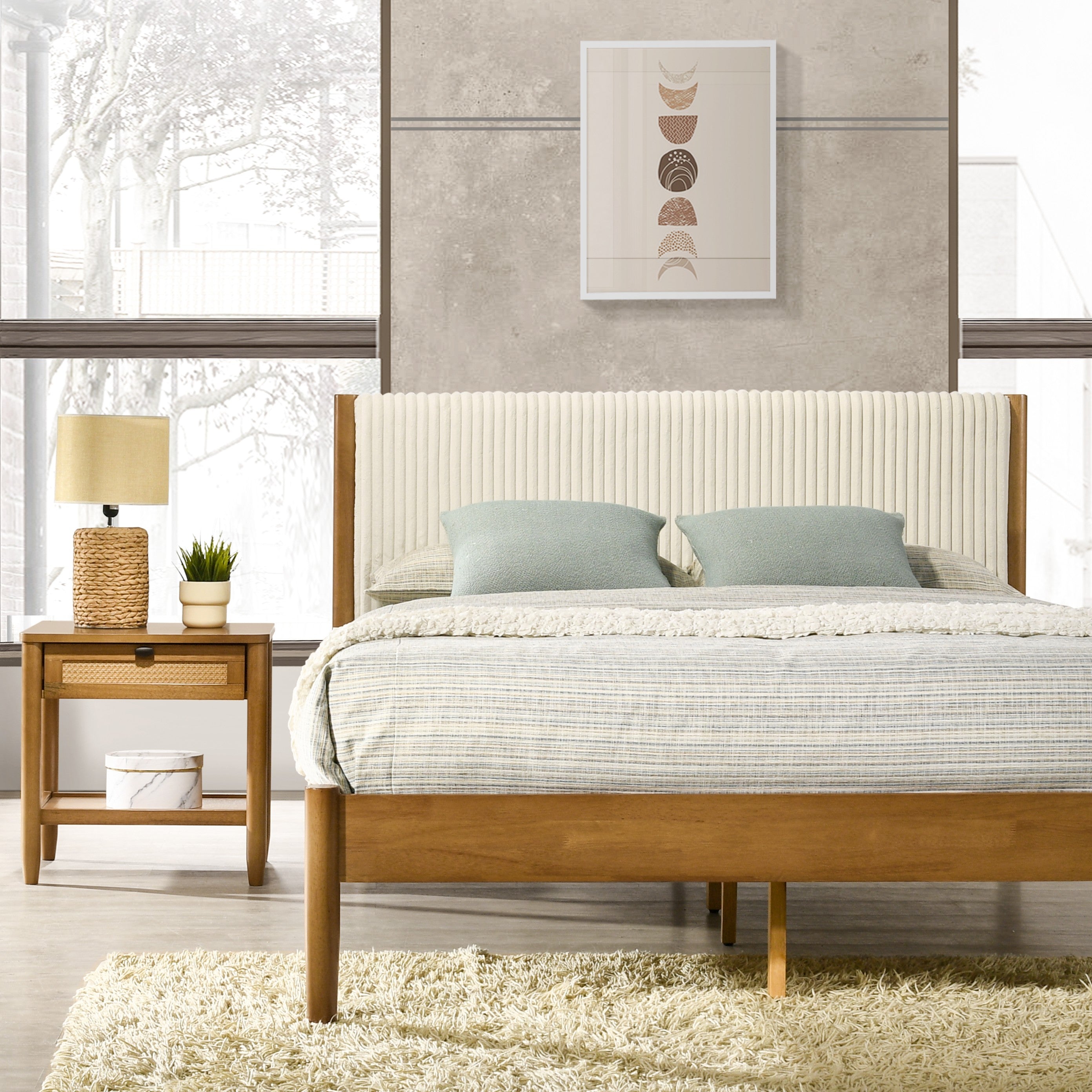 Roundhill Furniture Vichy Rattan Bedroom Set - Queen Size Light Walnut Finish Wicker Bed Frame & Nightstands - Perfect for Coastal, Boho & Farmhouse Style Bedrooms