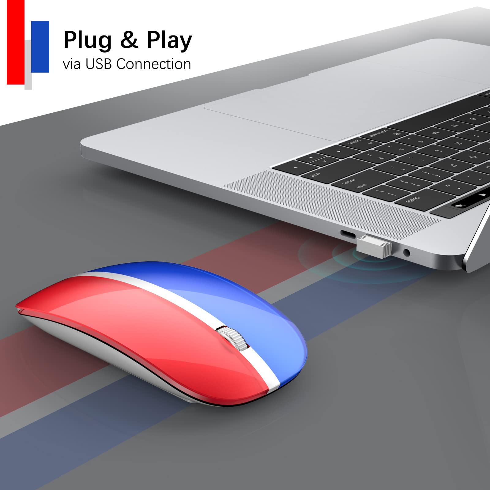 Rechargeable Wireless Mouse 2.4G Silent Slim Computer Mouse with 5 Adjustable DPI (Up to 3000 DPI) - USB Wireless Mouse for Laptop, PC, Desktop - Blue & Red - Perfect for Office, Gaming & Travel Use