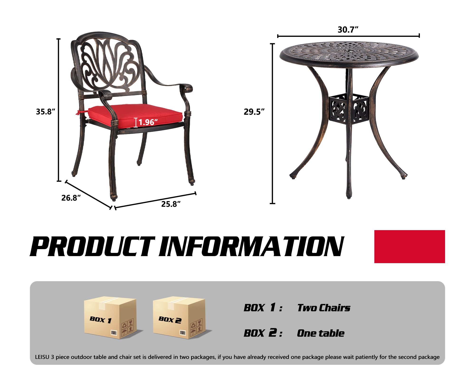 TITIMO 3-Piece Cast Aluminum Patio Dining Set - Outdoor Bistro Furniture with Weather-Resistant Table & Chairs, Cushions & Umbrella Hole - Perfect for Garden, Backyard, Poolside & Outdoor Entertaining (Red)
