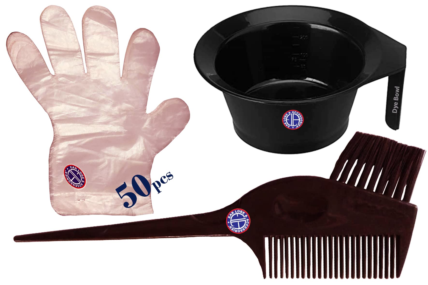 Ear Lobe & Hair Dye Accessories Combo Pack - Includes Dye Bowl, Comb Brush & 50pcs Disposable Gloves | Perfect for Salon Professionals & At-Home Hair Coloring