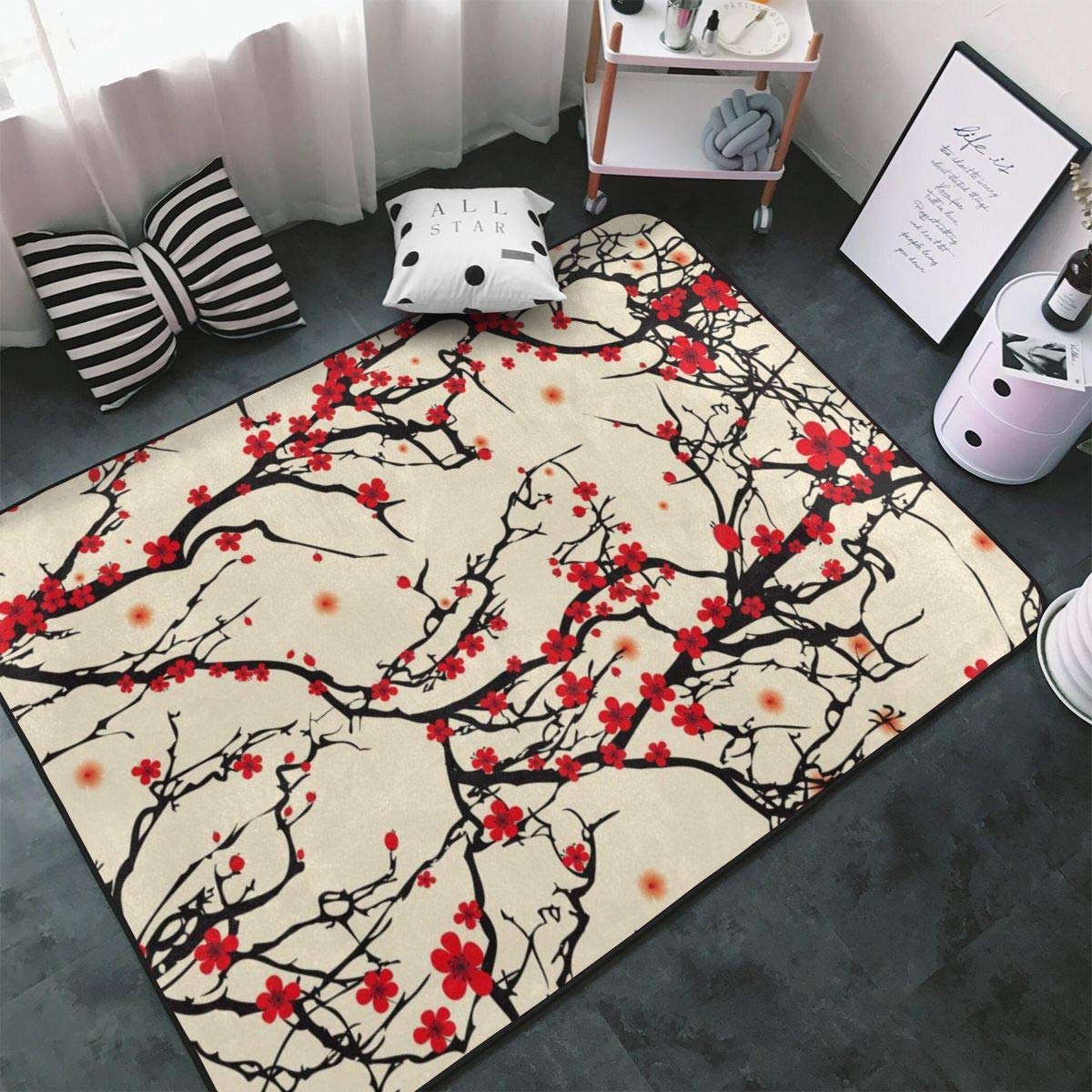 Japanese Cherry Blossom Area Rug 5x6 ft - Soft Washable Non-Slip Floor Carpet for Living Room, Bedroom, Kitchen & Home Office | Spring Floral Decor for Cozy Home & Zen Interior Design