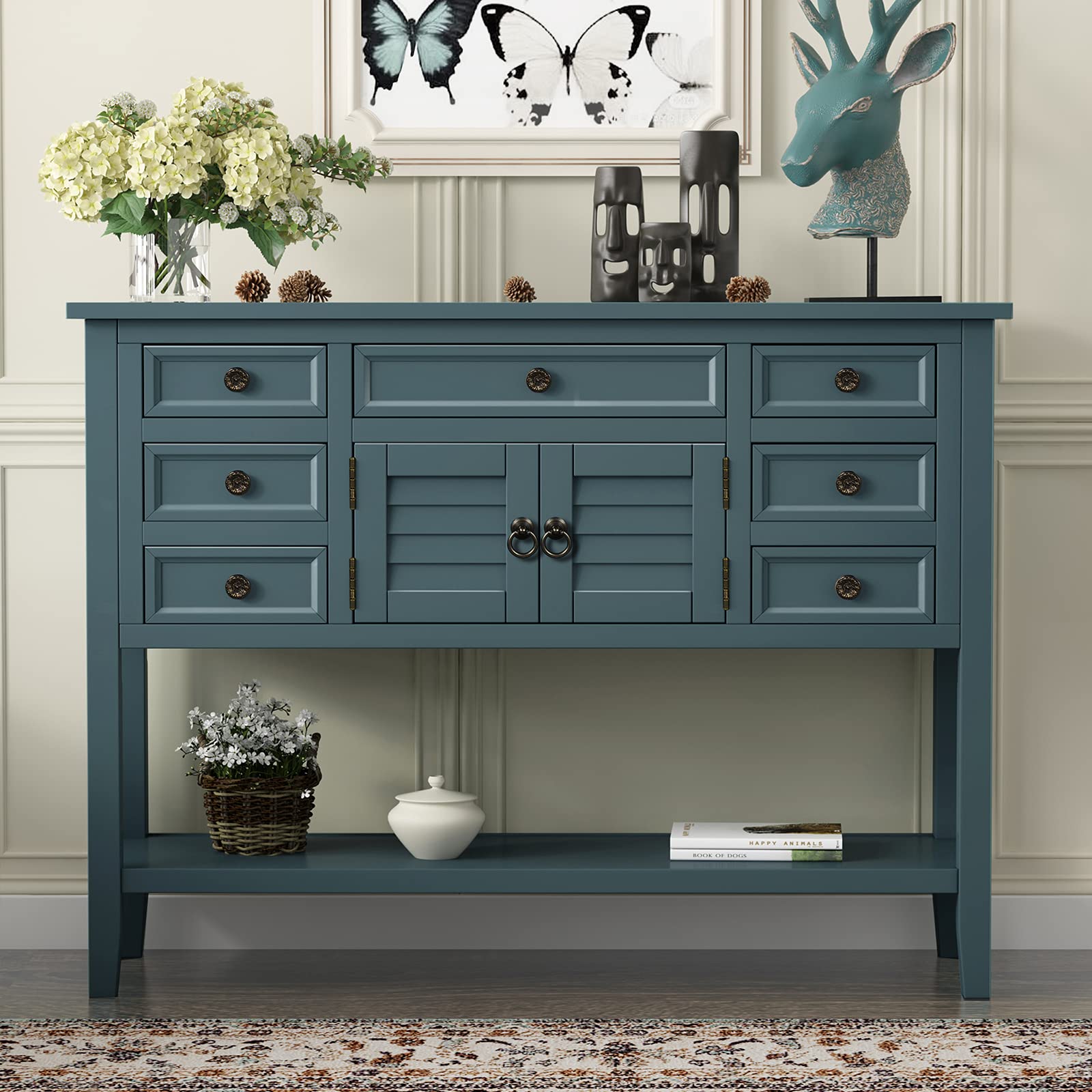 Amposei 45 Inch Modern Wooden Buffet Table with 7 Drawers & Open Shelf - Entryway Console Table, Sofa Table, Sideboard Storage Cabinet for Living Room, Kitchen, Bedroom, Hallway (Blue) | Perfect for Home Decor, Dining Room Storage & Small Space Organization