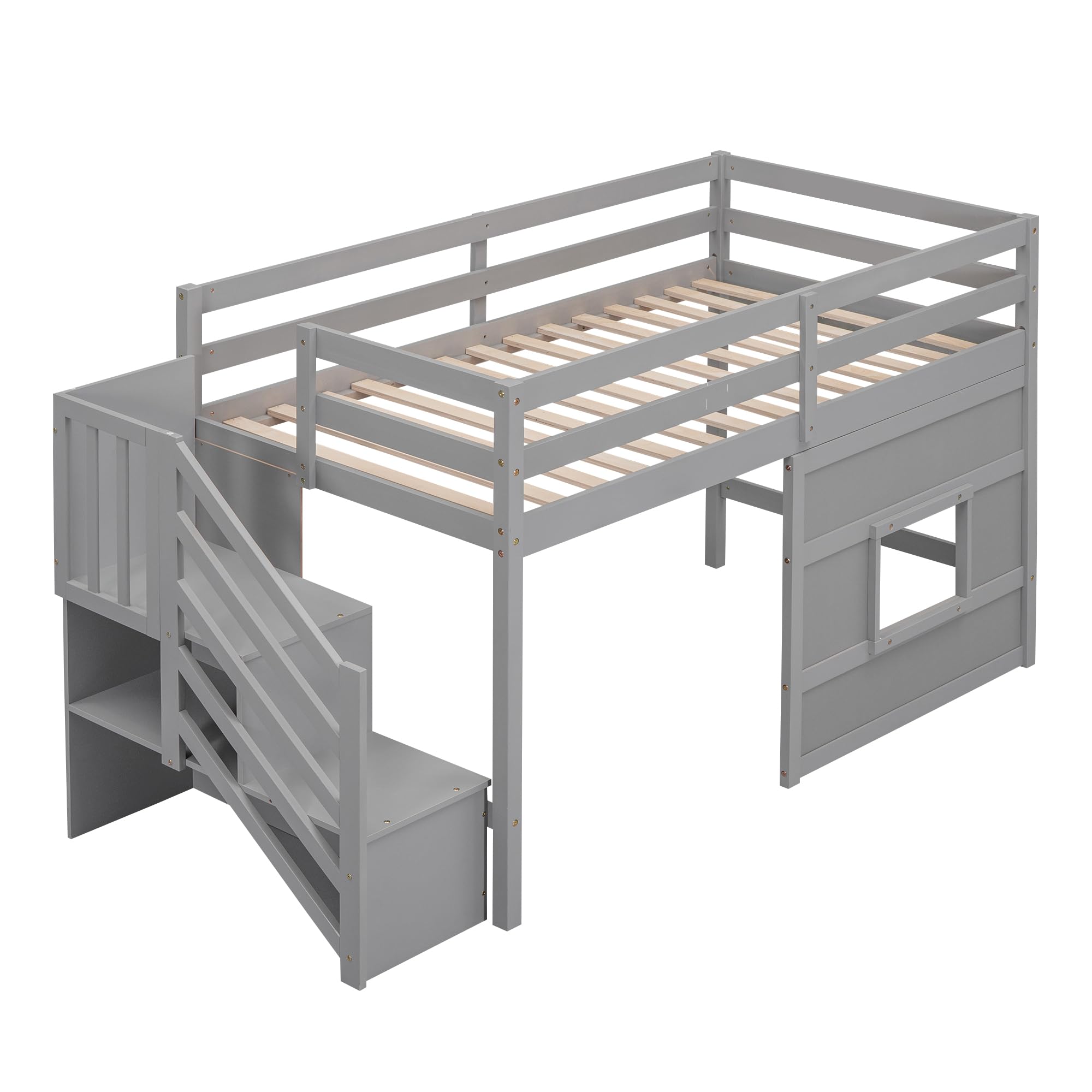 Twin Size Low Loft Bed with Stairs & Storage - Solid Wood Kids Loft Bed Frame for Boys & Girls in Gray - Space Saving Solution for Small Bedrooms, Dorm Rooms & Kids' Rooms