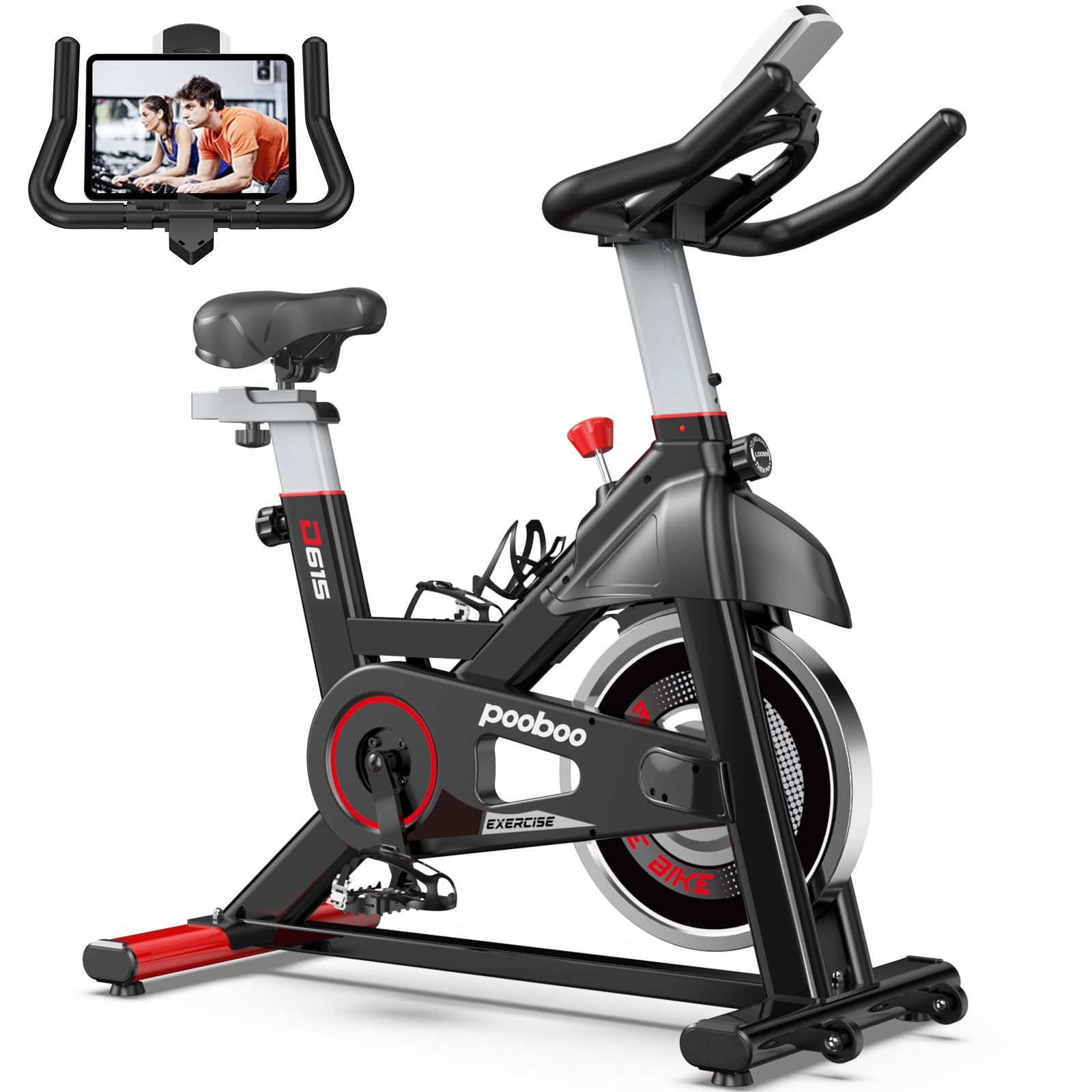 POOBOO Stationary Exercise Bike for Home Gym - Indoor Cycling Bike with Comfortable Seat Cushion & Tablet Holder - Silent Belt Drive Cardio Workout Bike for Weight Loss & Fitness Training - Perfect for Home Office, Apartment & Small Spaces