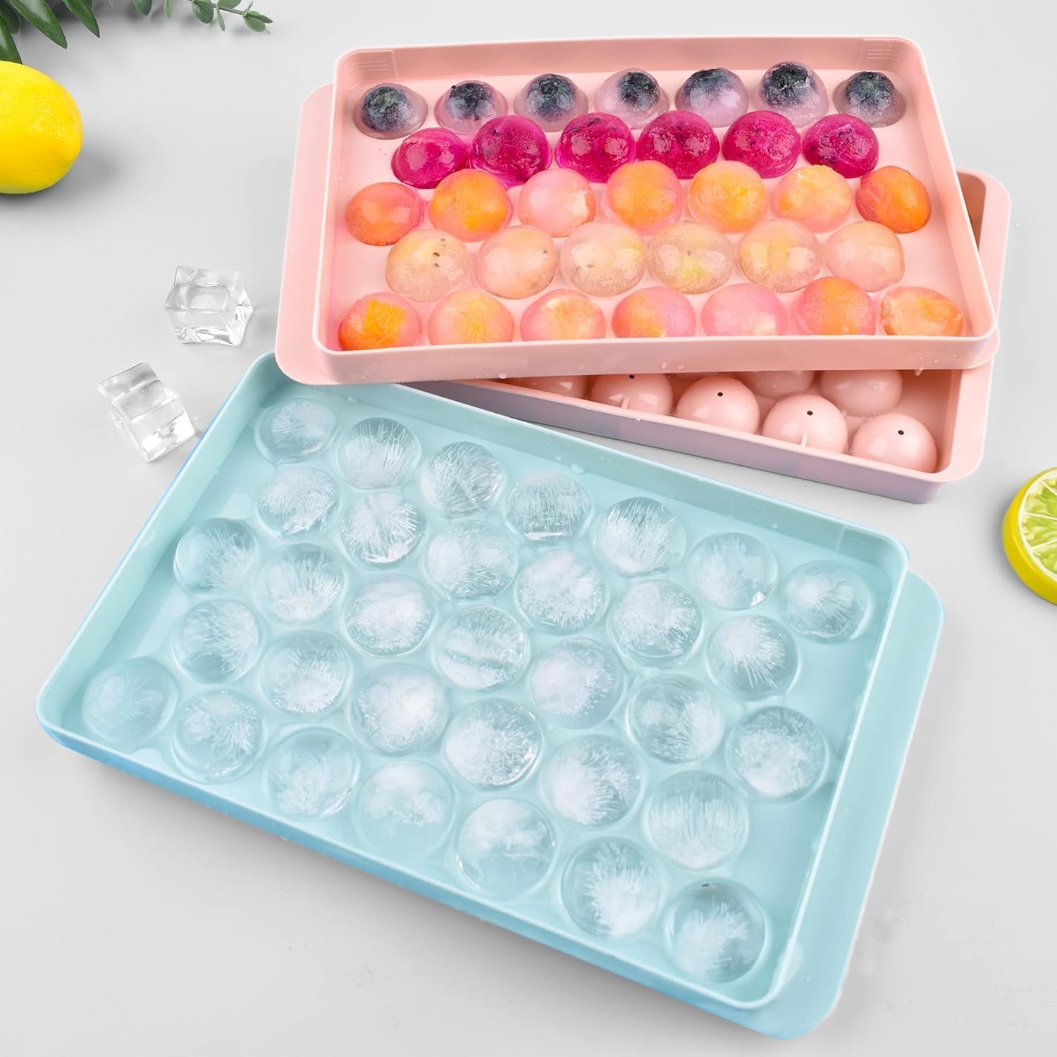 Emergity 33 Cavity Silicone Ice Cube Trays for Freezer - Round Ice Molds for Cocktails & Drinks - BPA-Free, Flexible & Easy to Use (2-Pack) - Perfect for Parties, Home Bars & Iced Beverages