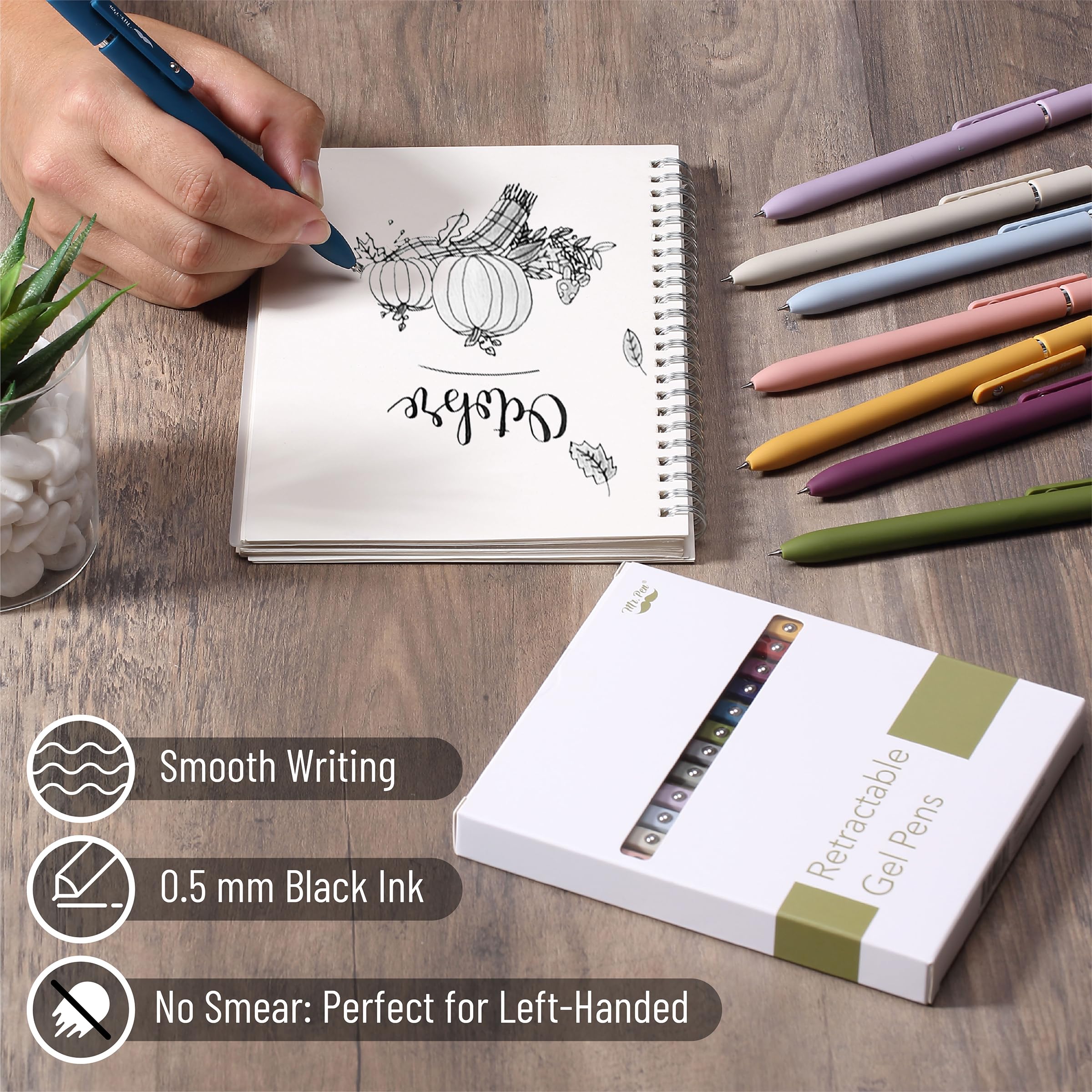 Retractable Gel Pens 0.5mm Fine Point - 12 Pack Fast Dry for Journaling & Office Use