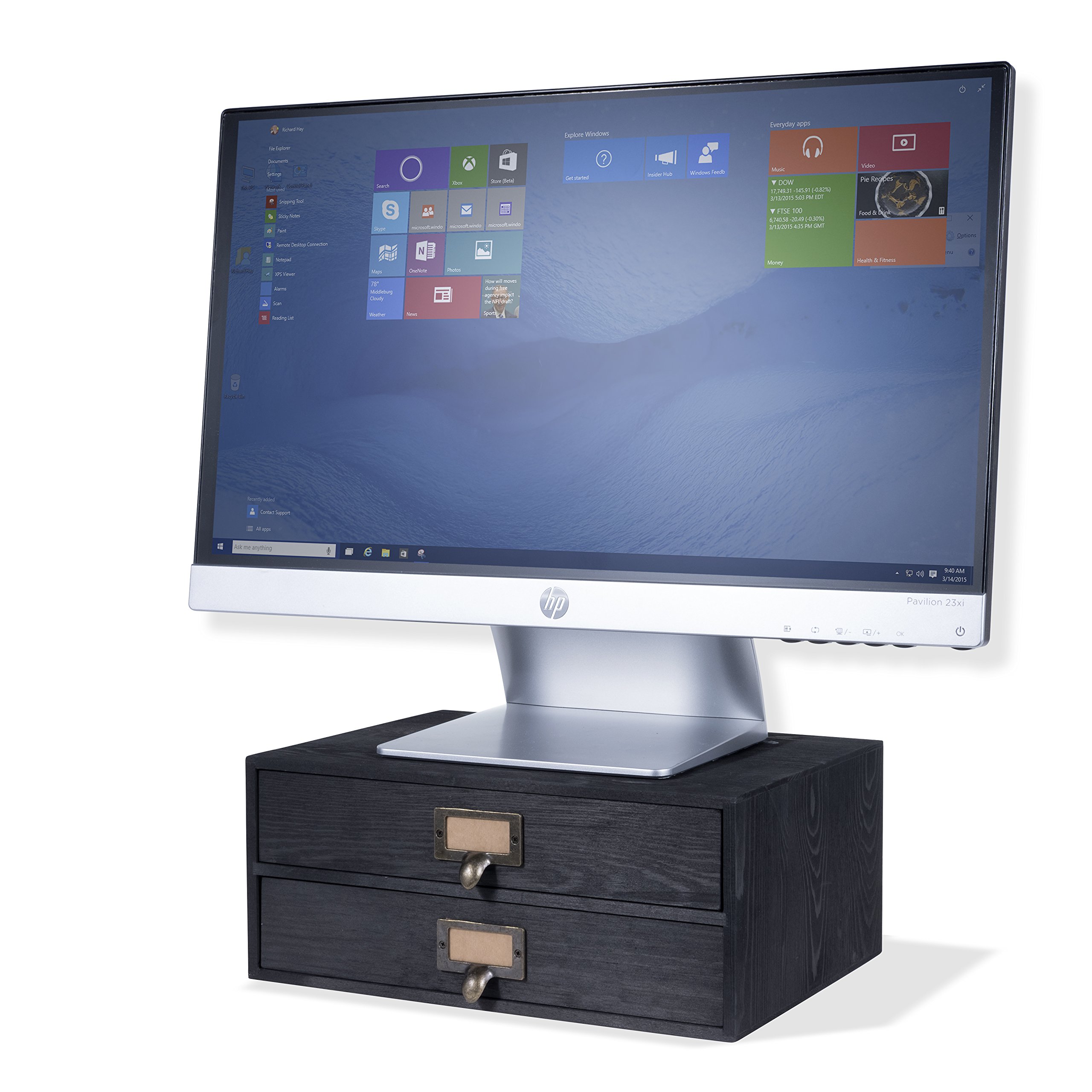 Wallniture Wooden 2-Drawer Under Monitor Stand with Printer Platform & Paper Holder - Home Office Desk Organizer - Black - Perfect for Workspace Organization & Computer Monitor Setup