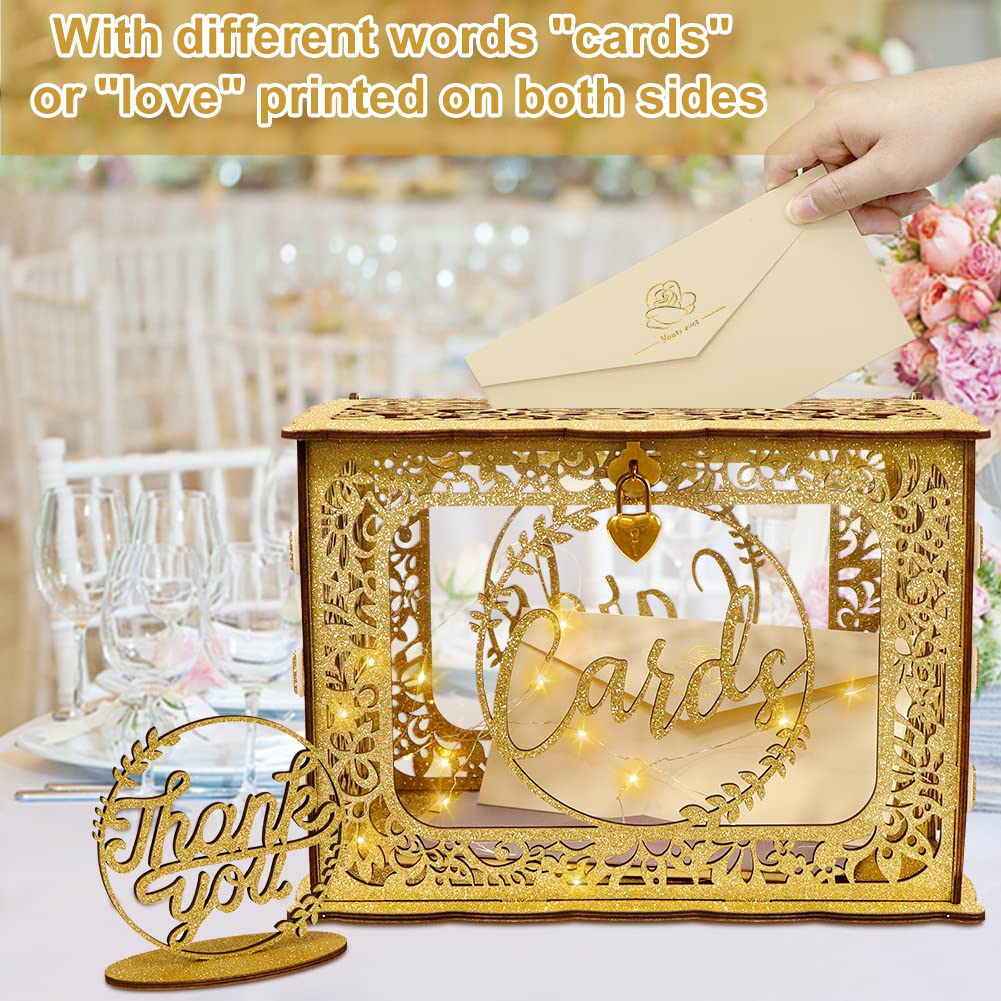 OurWarm Gold Wooden Wedding Card Box with Lock & String Lights - Secure Gift Money Holder for Wedding Reception, Graduation, Birthday, Baby Shower - Perfect for DIY Party Decorations & Special Event Gift Collection