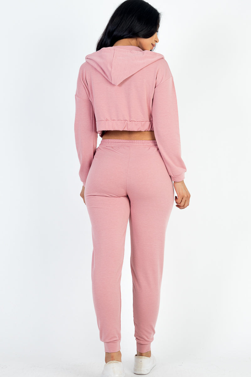 French Terry Cropped Cami with Zip-Up Jacket & Joggers Set - Women's Casual Loungewear Outfit for Yoga, Running & Streetwear Fashion
