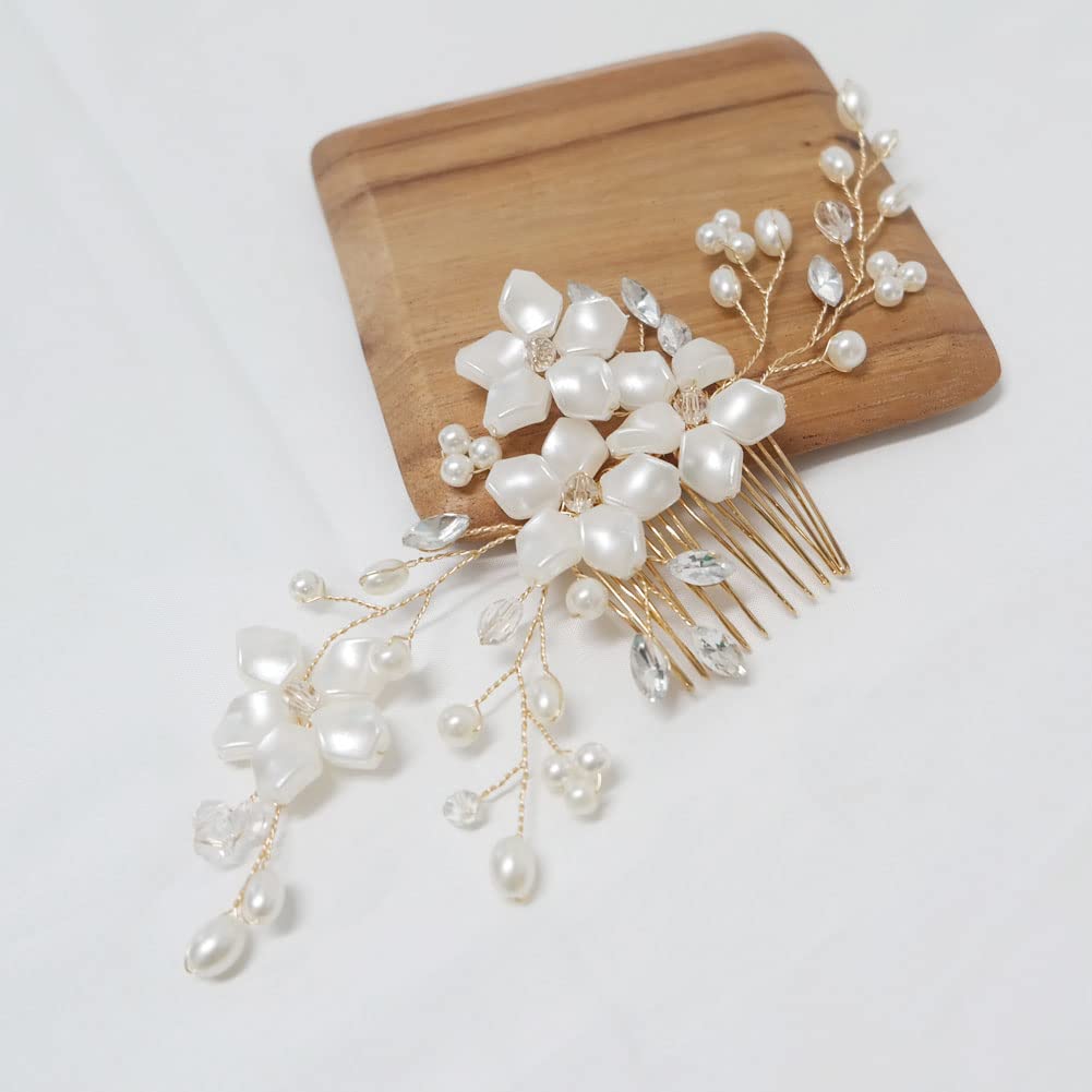 Elegant Pearl Rhinestone Silver Crystal Flower Leaf Vine Hair Comb Clip - Bridal Wedding Hair Accessories for Women & Girls (4flower_gold) | Perfect for Bridal Parties, Prom, Pageants & Special Occasions