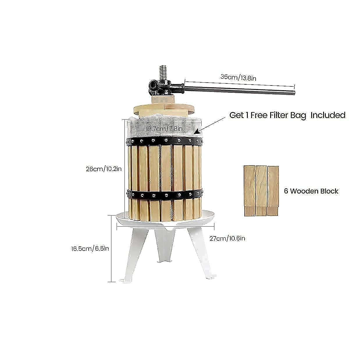 Premium 1.6 Gallon/6L Solid Wood Apple Cider Press with 7L/1.8Gallon Fruit Crusher - Traditional Wine Making Kit for Home Brewing, Juicing Apples & Fruits - Perfect for DIY Cider, Wine & Juice Production