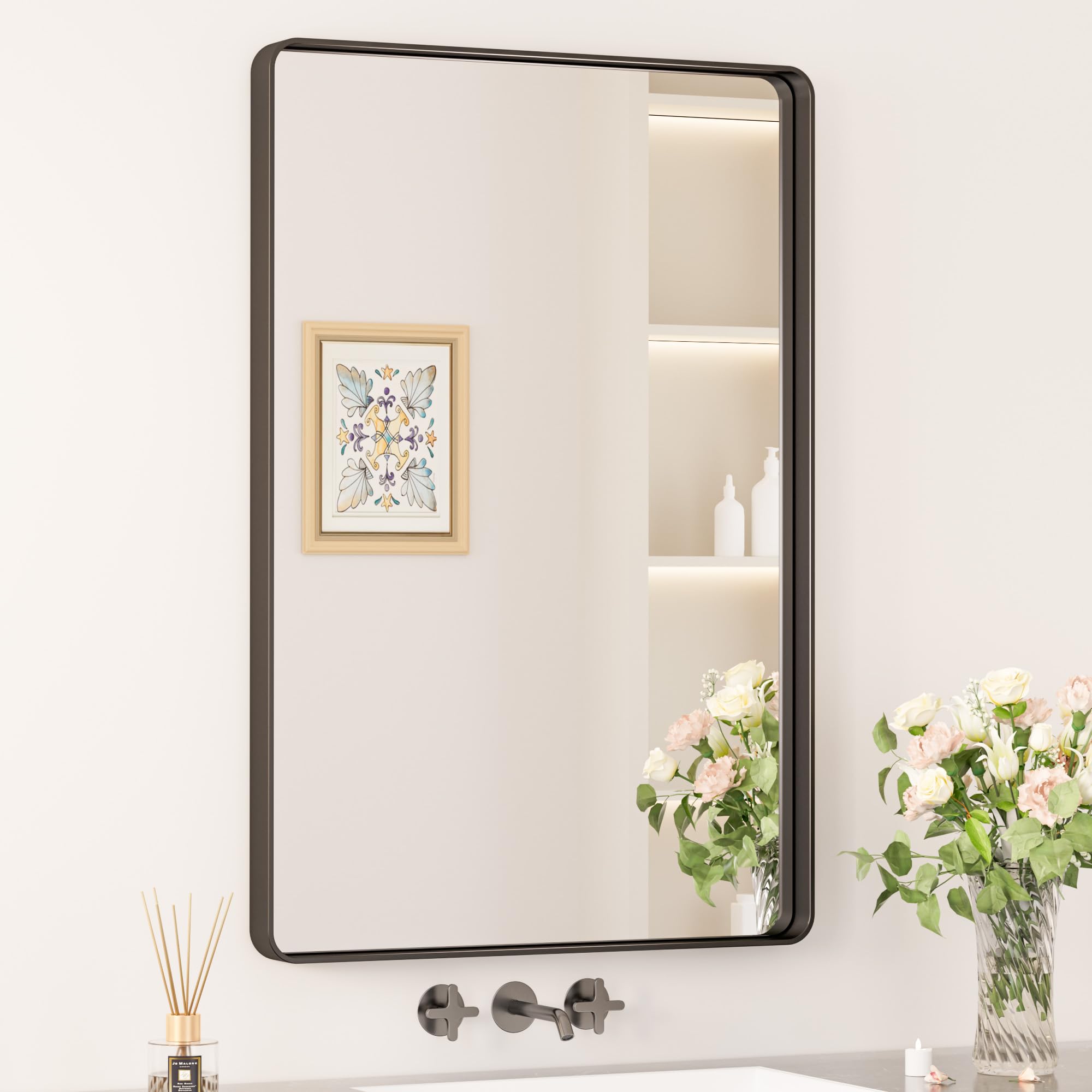 Keonjinn 24x36 Inch Black Bathroom Mirror - Matte Metal Frame Wall Mirror for Vanity, HD Tempered Glass, Farmhouse Decor (Horizontal/Vertical Mounting) - Perfect for Bathrooms, Bedrooms & Entryway Decor