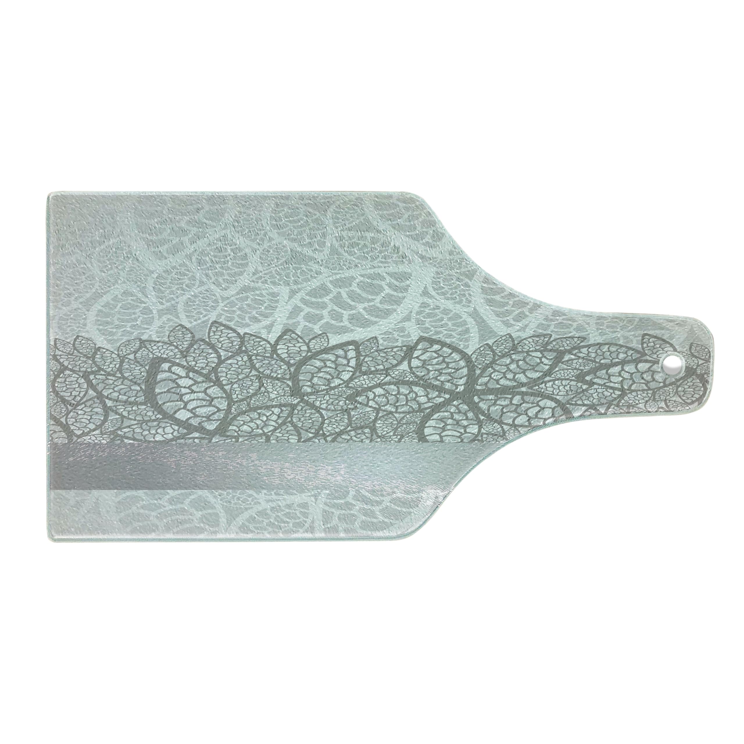 Ambesonne Grey Tempered Glass Cutting Board - Lace Flower & Stylized Leaves Design - Decorative Serving Board for Kitchen, Wedding, Bridal Shower - Wine Bottle Shape in Pale Grey & White - Perfect for Cheese, Charcuterie & Wine Pairing